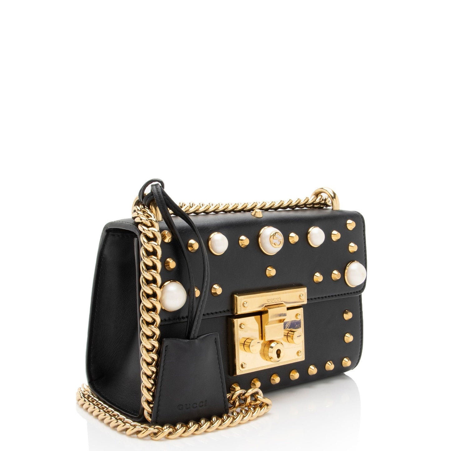 Gucci Pearl Embellished Padlock Leather Black Small Crossbody Bag