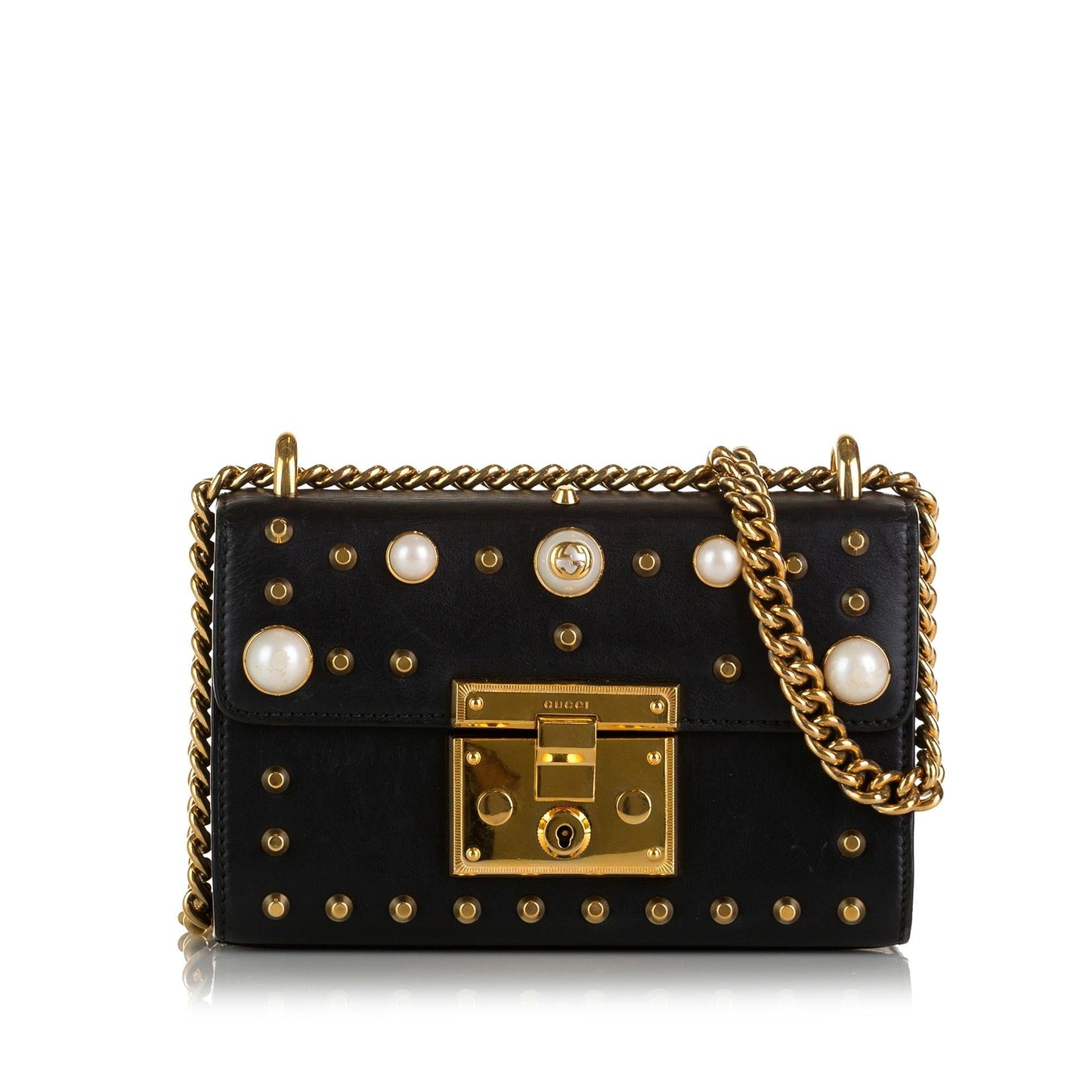 Gucci Pearl Studded Padlock SHG-yMuRqu Calf Black Crossbody Bag