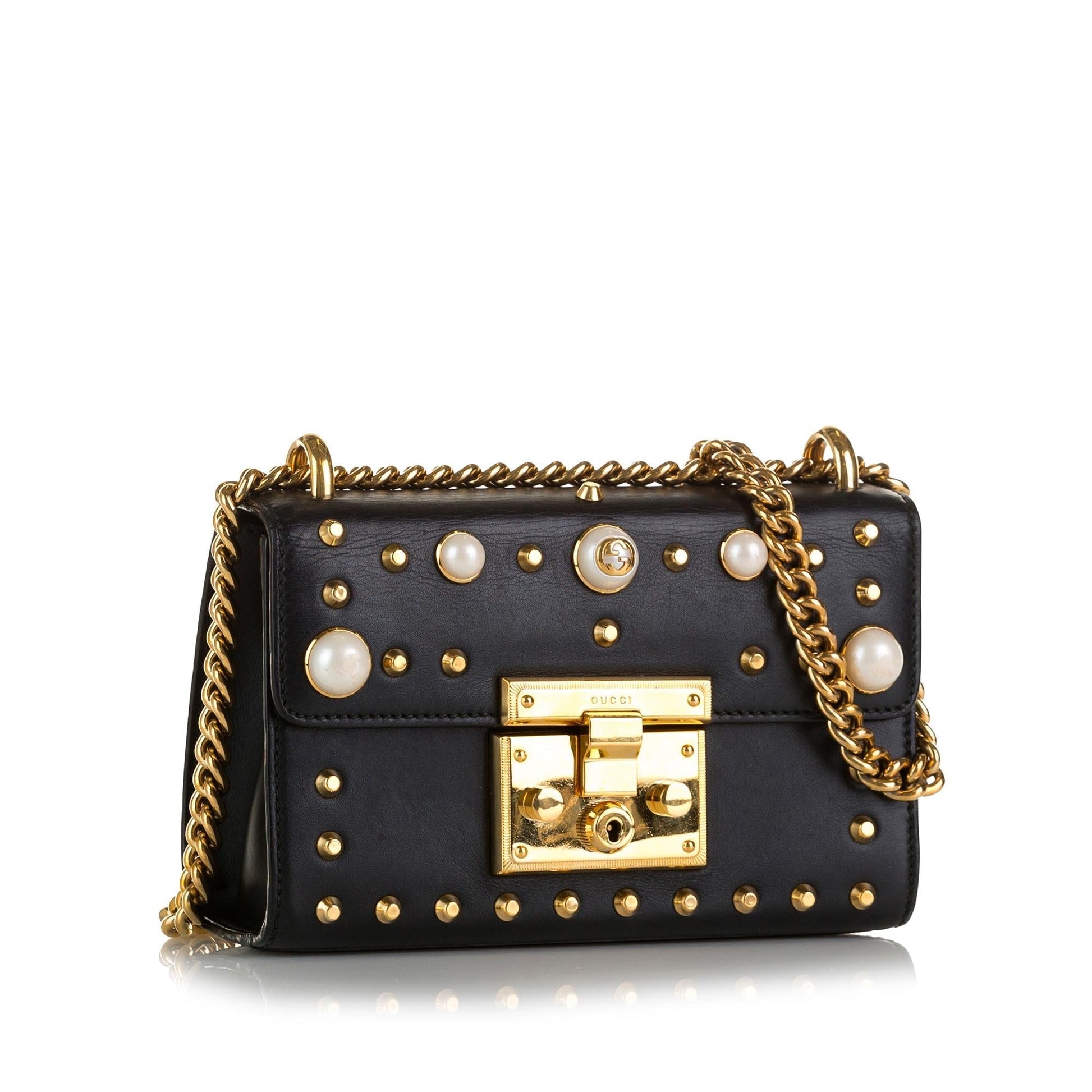 Gucci Pearl Studded Padlock SHG-yMuRqu Calf Black Crossbody Bag