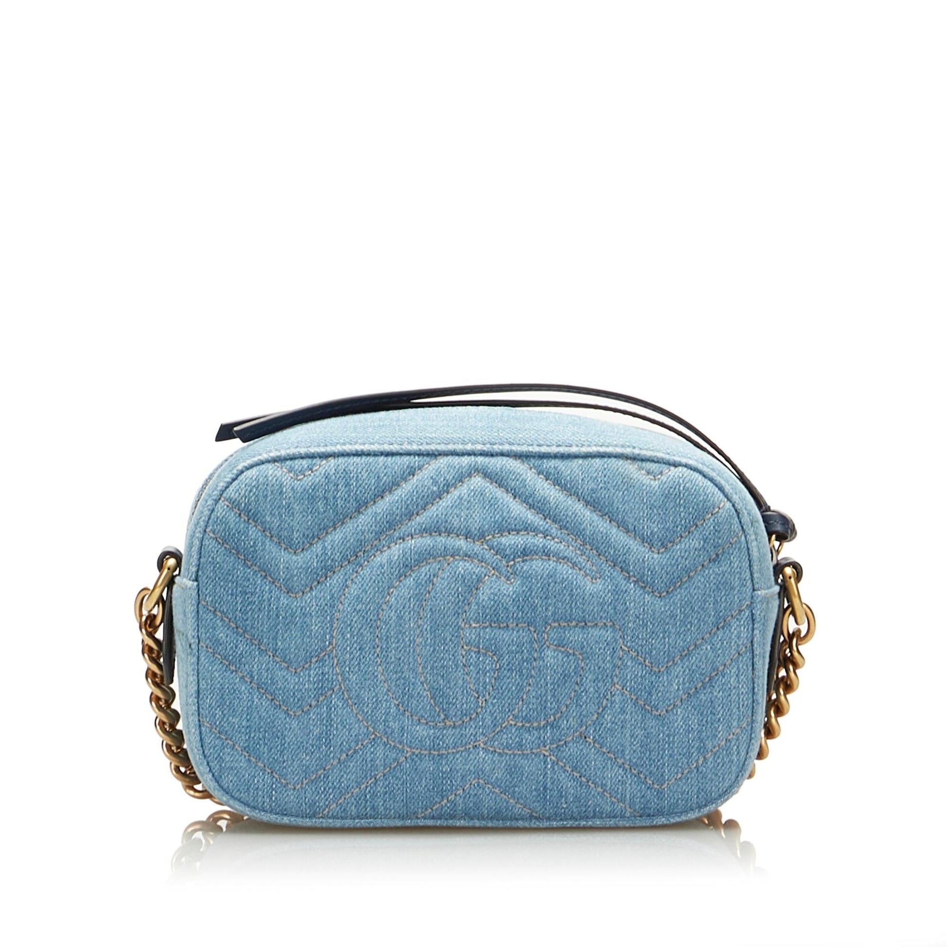 Gucci Pearly GG Marmont SHG-PJCqOG Matelasse Denim Blue Crossbody Bag