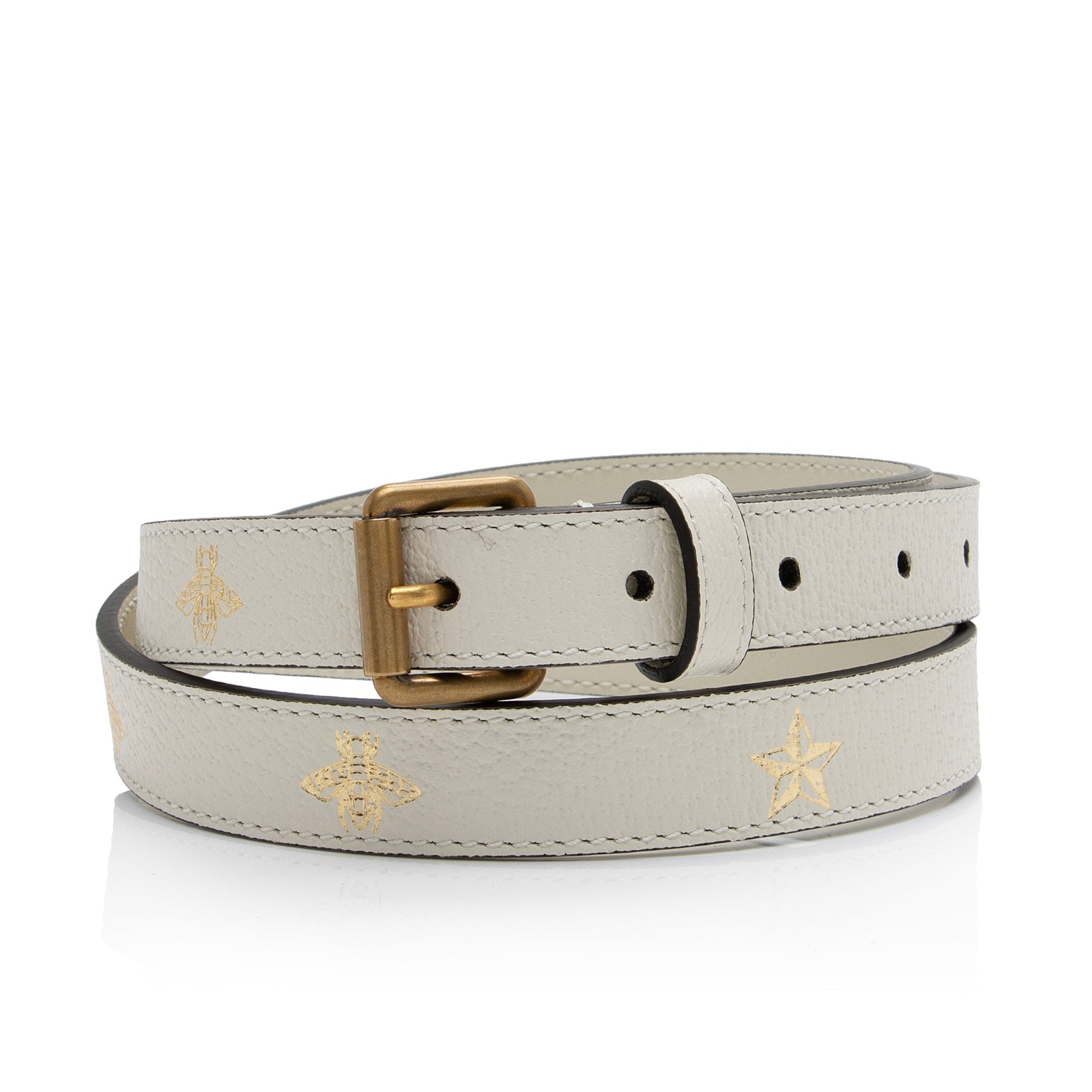 Gucci Pebbled Bee Star Belt - Leather White Gold Accessory