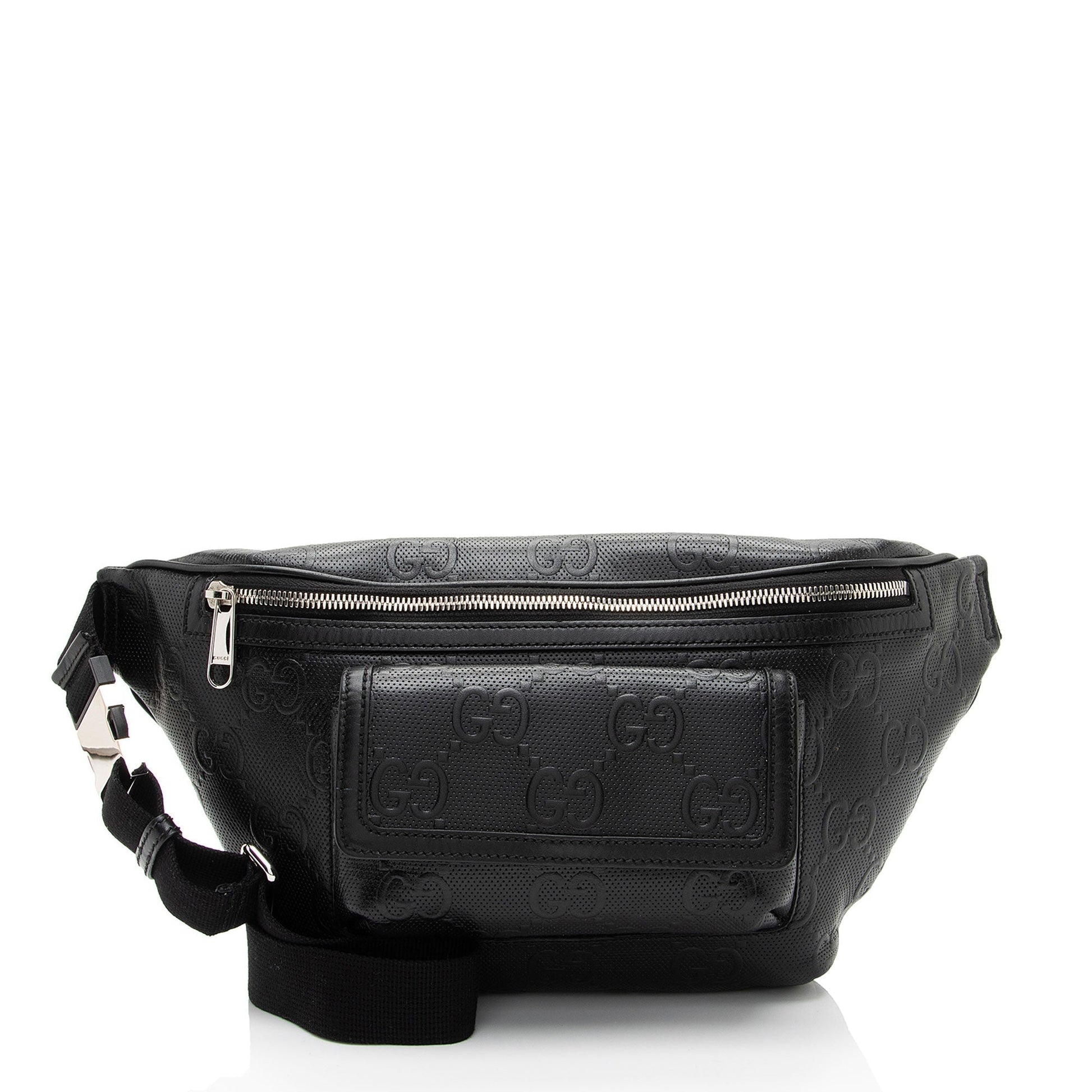 Gucci Perforated Embossed GG Pocket Belt Leather Nylon Black Accessory