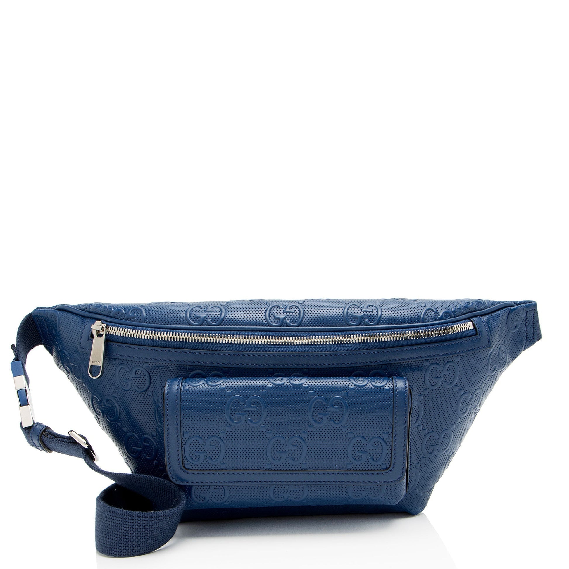 Gucci GG Perforated Embossed Pocket Belt Leather Blue Accessory