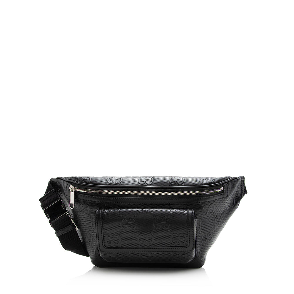 Gucci Perforated GG Embossed Pocket Belt Leather Nylon Black Accessory