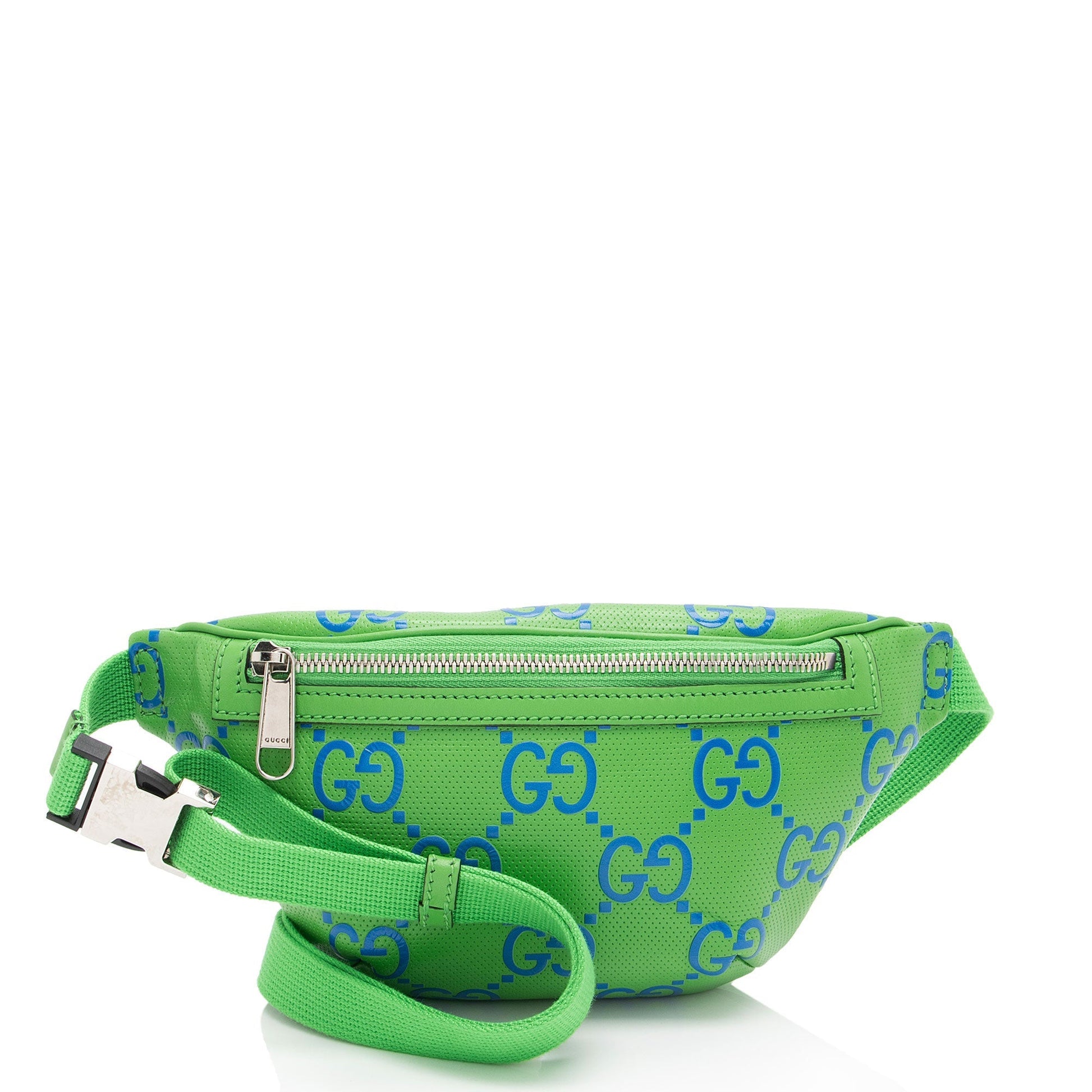 Gucci Perforated GG Belt Leather Nylon Blue Green Accessory