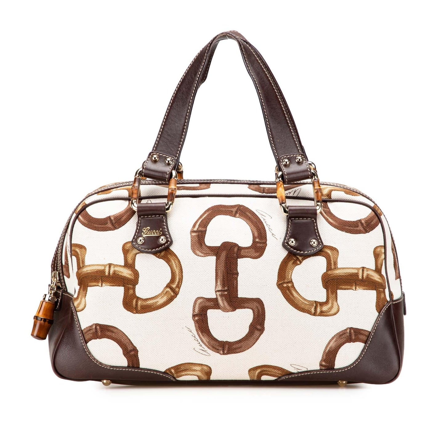 Gucci Printed Bamboo Horsebit Canvas Calf White Brown Satchel Bag
