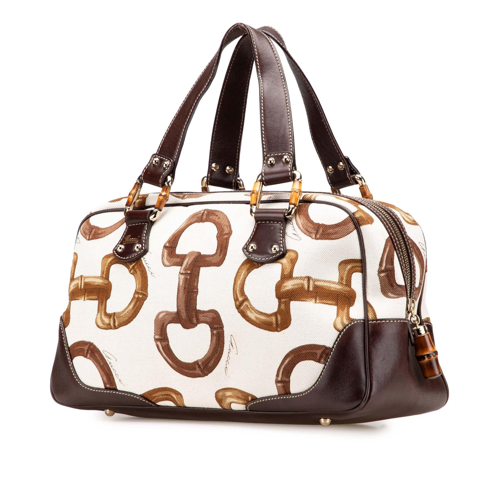 Gucci Printed Bamboo Horsebit Canvas Calf White Brown Satchel Bag