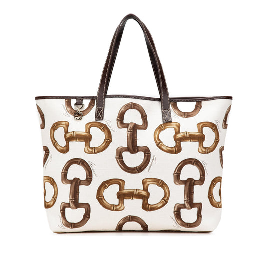Gucci Printed Horsebit Canvas Calf White Tote Bag