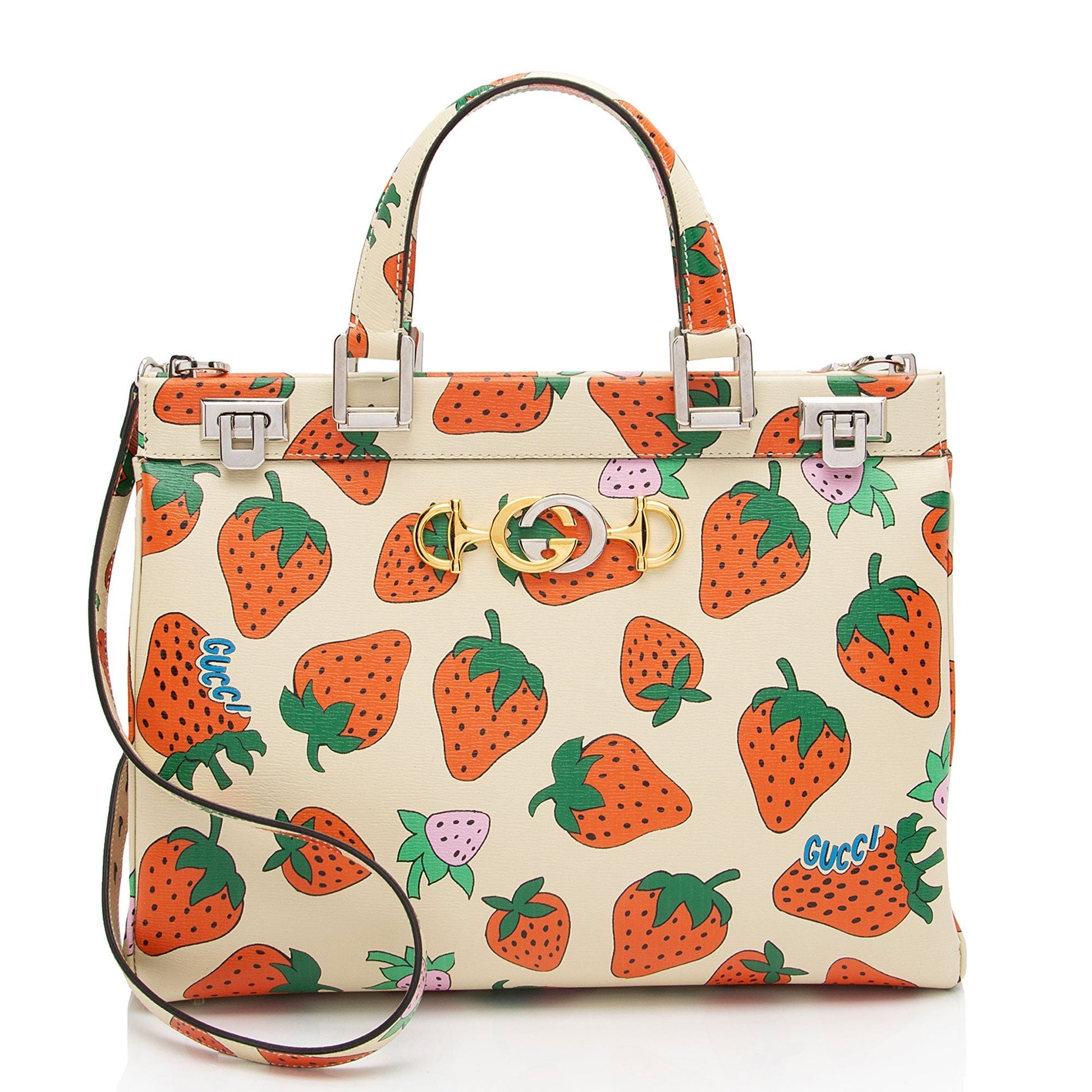 Gucci Printed Strawberry Zumi SHF-HJJ9pH Leather Beige Red Medium Tote Bag