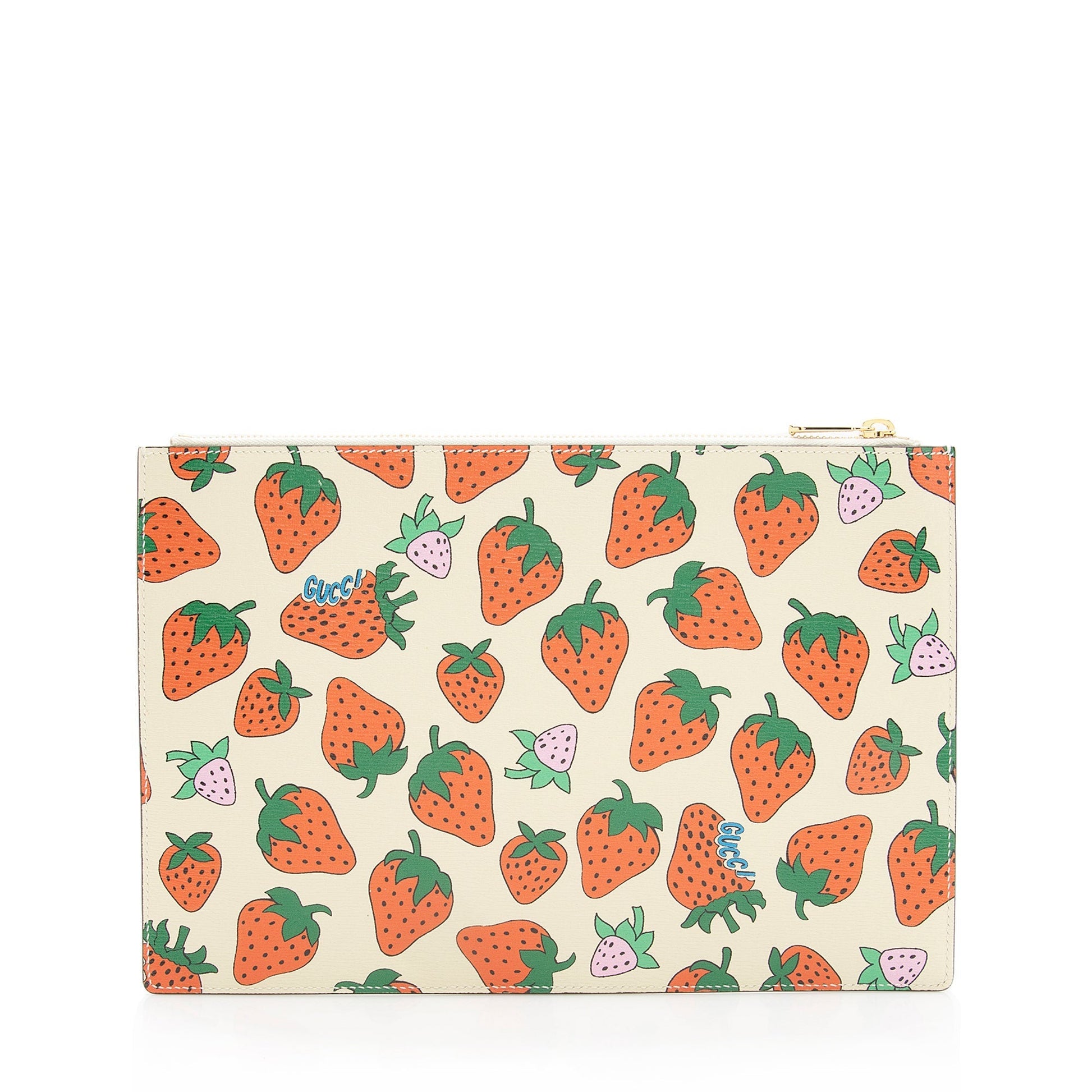 Gucci Printed Strawberry Zumi Pouch SHF Leather Beige Red Clutch Bag