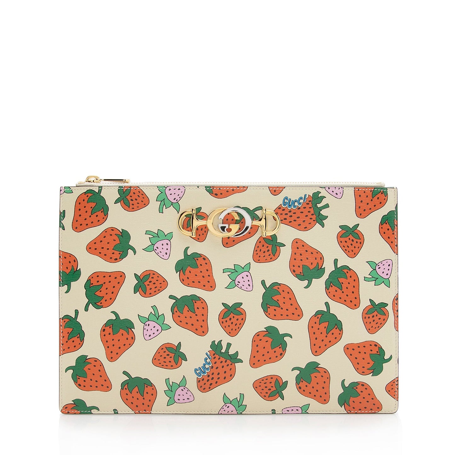 Gucci Printed Strawberry Zumi Pouch SHF Leather Beige Red Clutch Bag