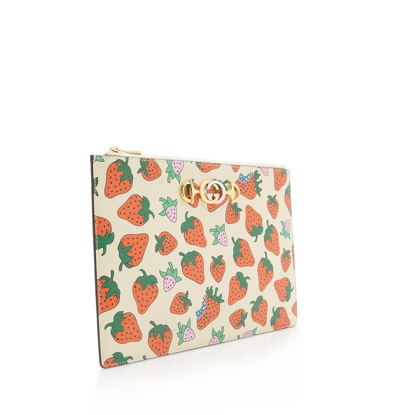 Gucci Printed Strawberry Zumi Pouch SHF Leather Beige Red Clutch Bag