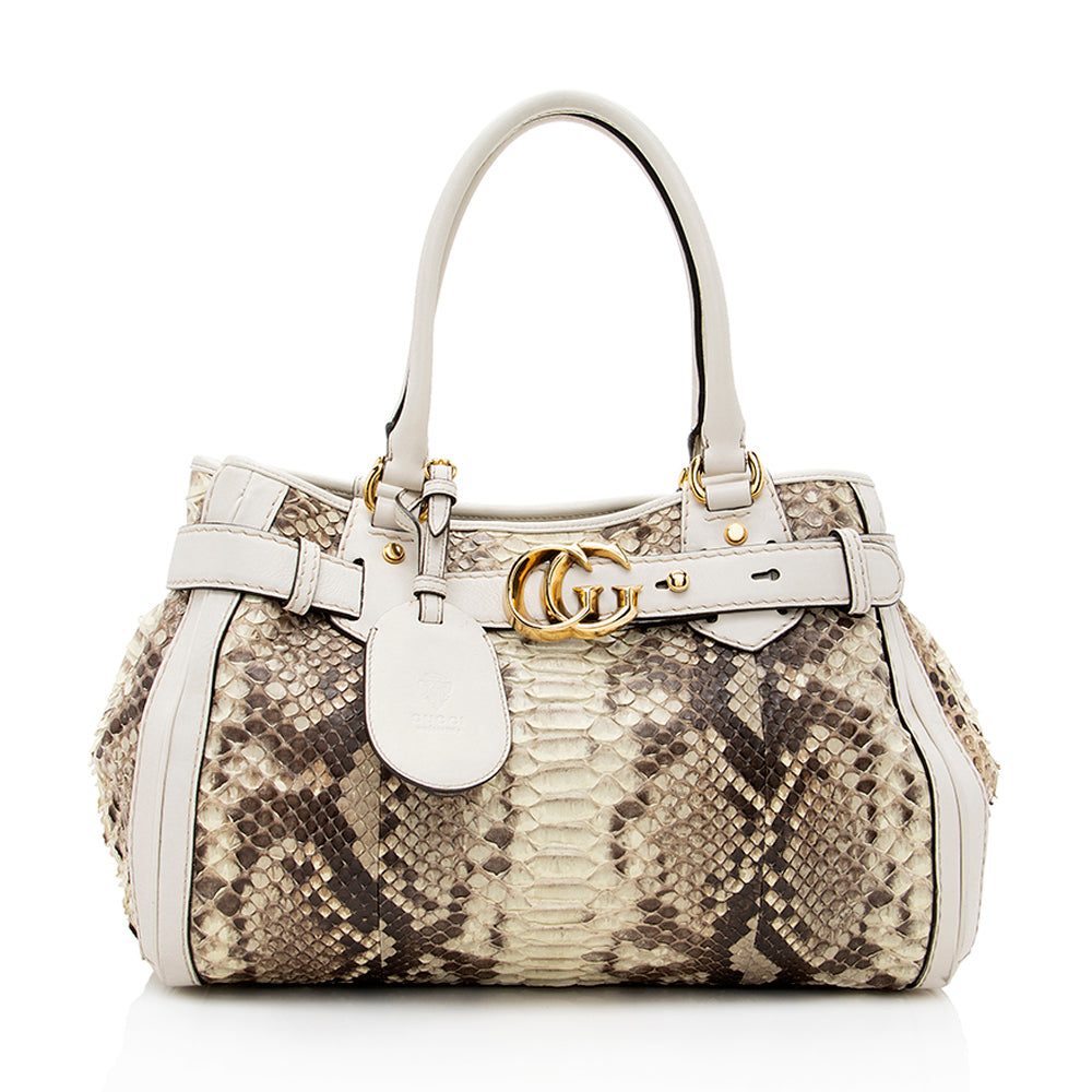Gucci GG Running SHF Leather Python Brown Beige Satchel Bag