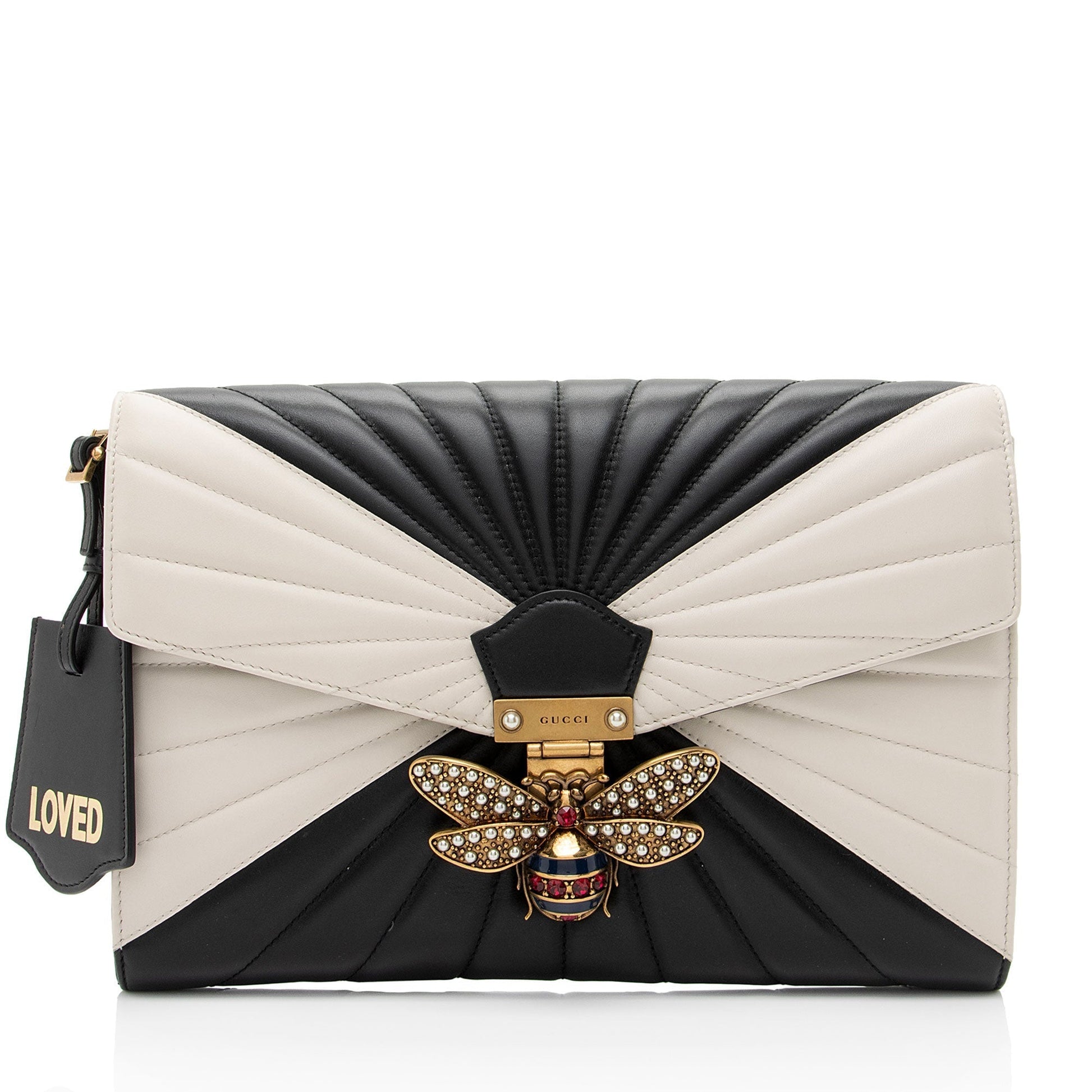 Gucci Queen Margaret Bee Quilted Leather Black White Clutch Bag