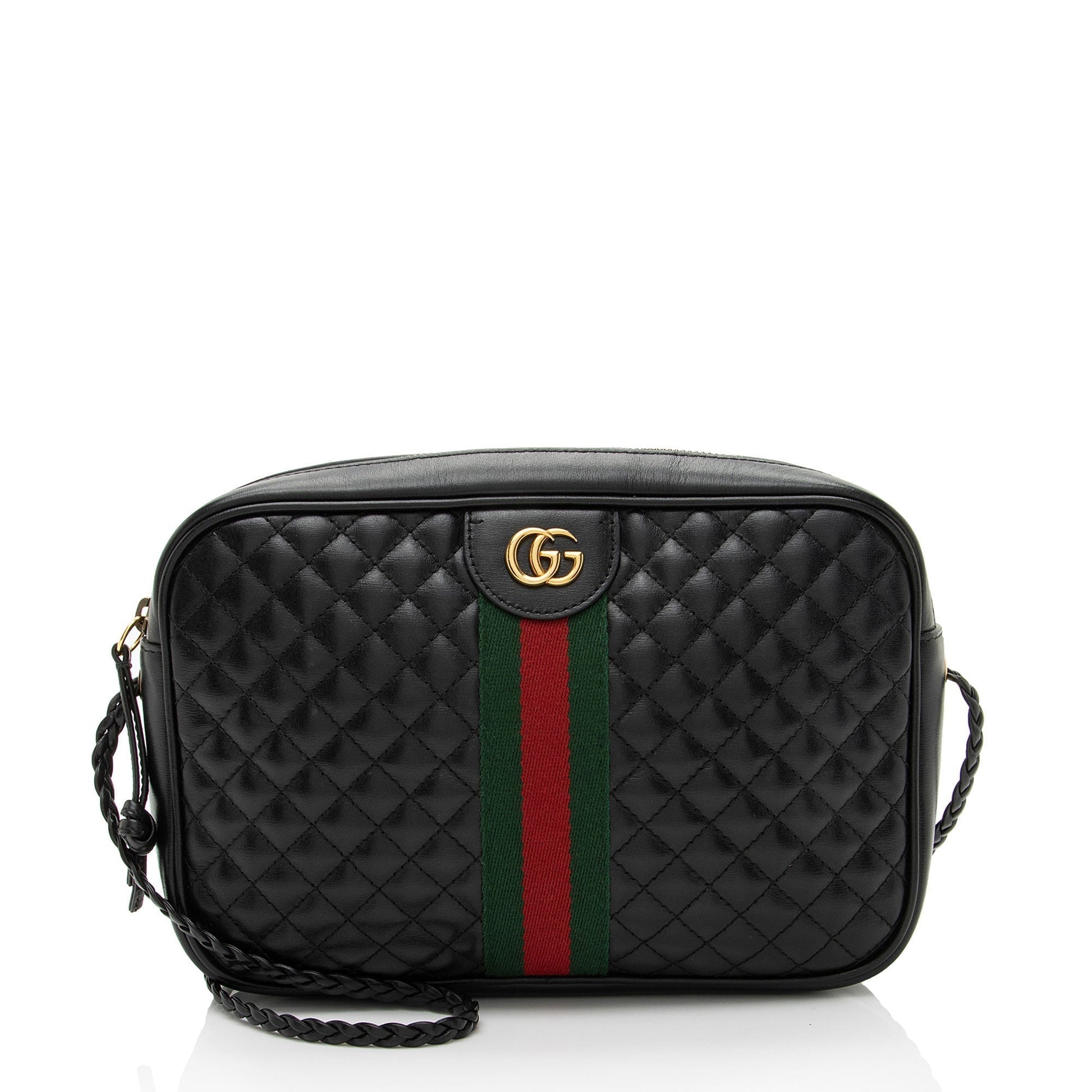Gucci Web Trapuntata Quilted Leather Nylon Black Crossbody Bag