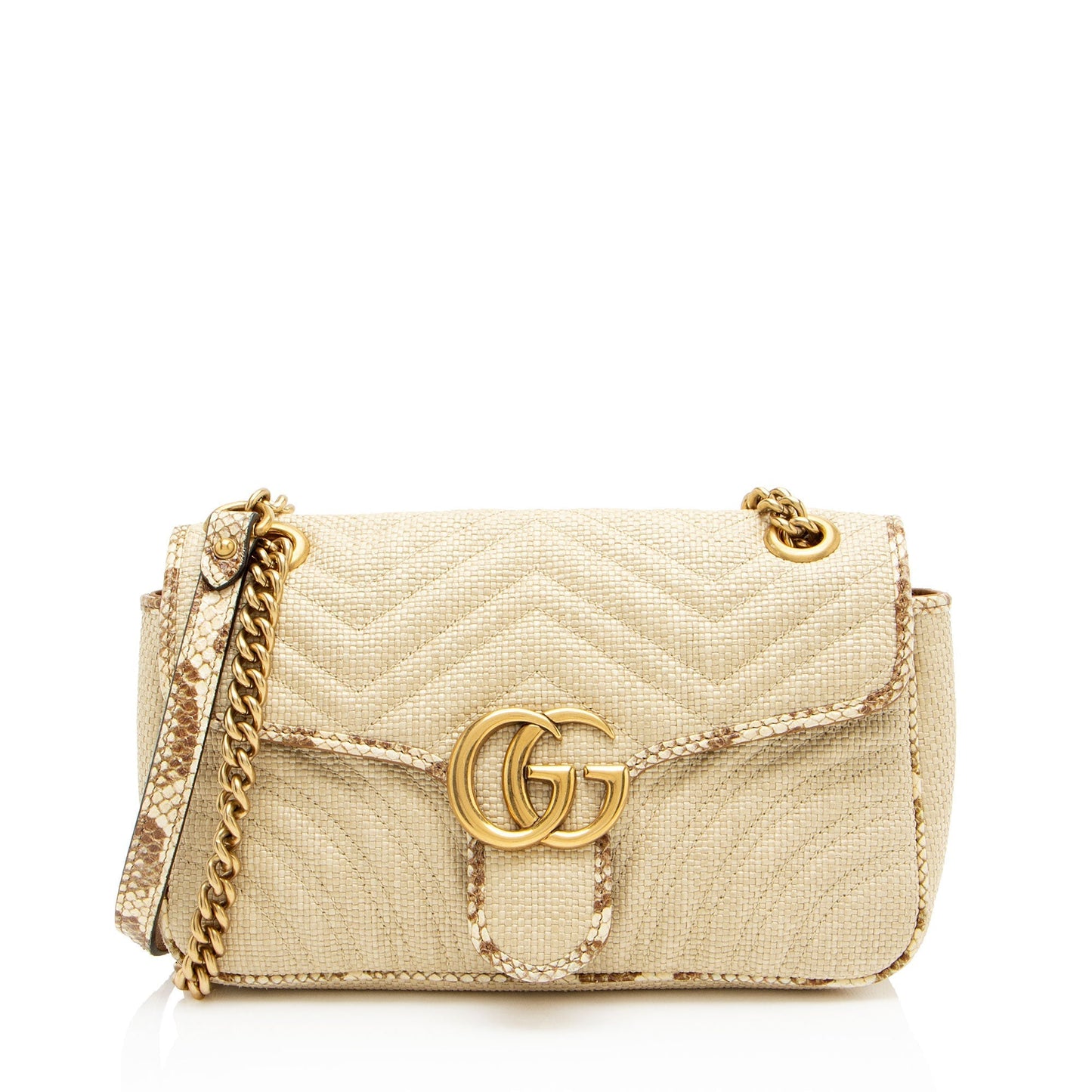 Gucci Snakeskin GG Marmont Flap Leather Raffia Brown Beige Crossbody Bag