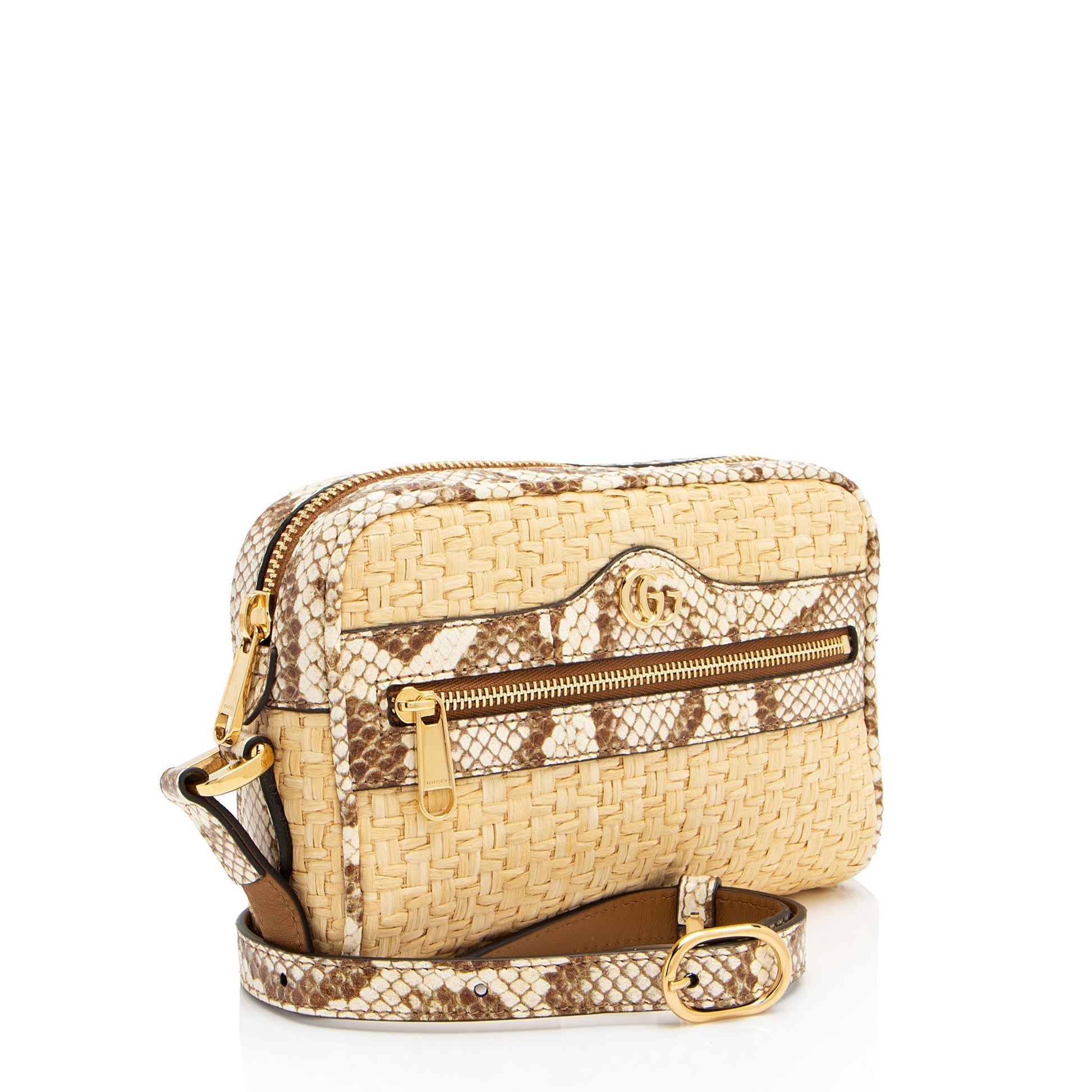 Gucci Snakeskin Ophidia Leather Raffia Brown Beige Crossbody Bag
