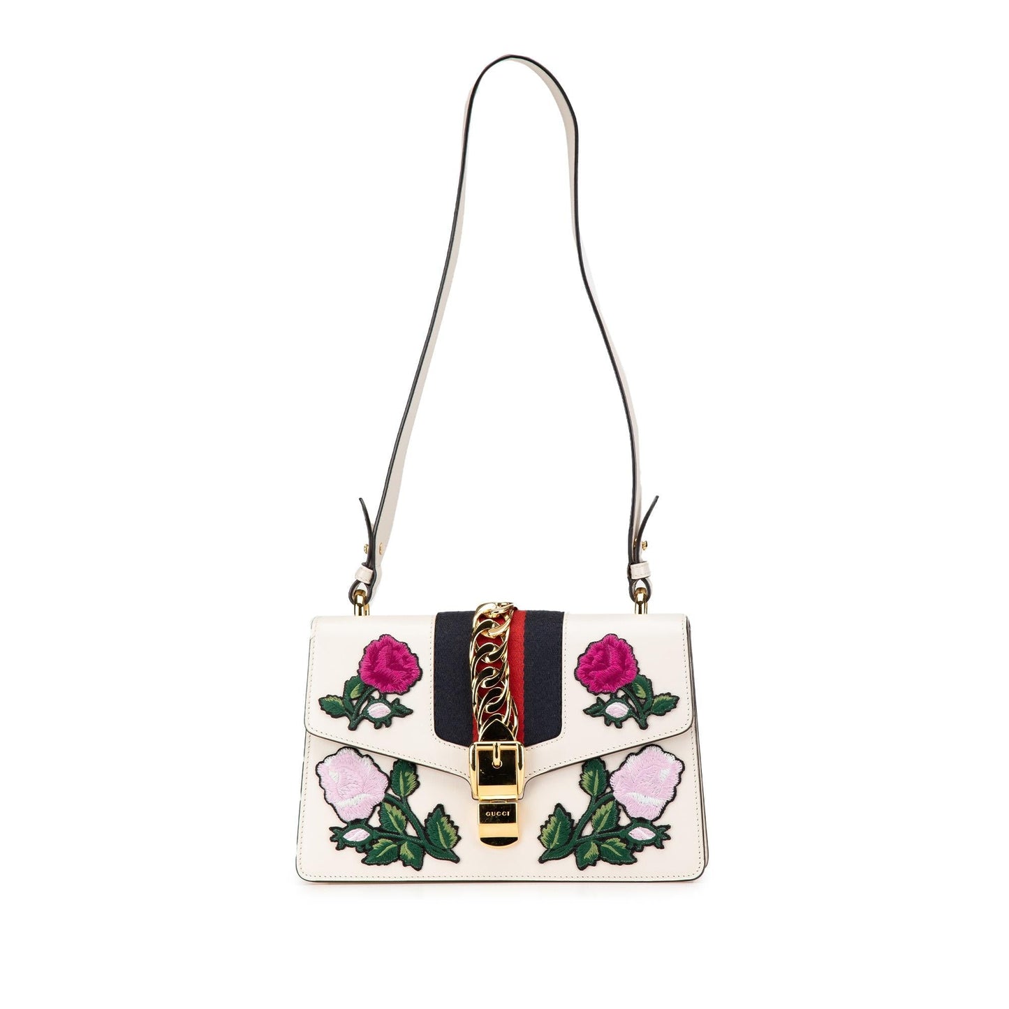 Gucci Floral Embroidered Sylvie Leather Calf White Small Crossbody Bag