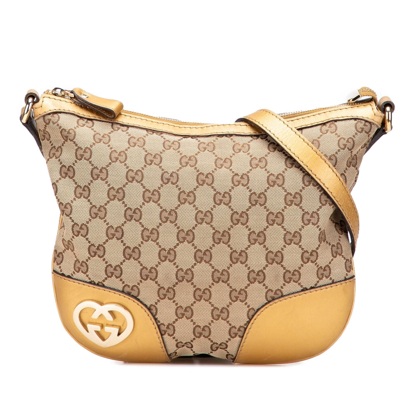 Gucci GG Lovely Heart Canvas Calf Brown Gold Crossbody Bag