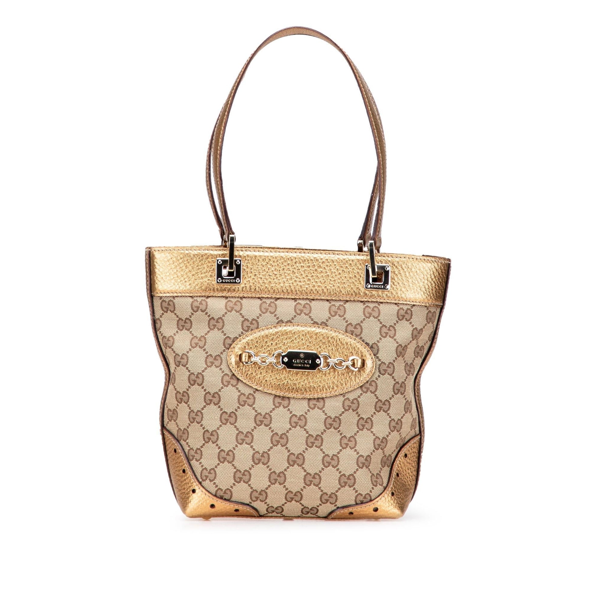 Gucci GG Punch Canvas Calf Brown Gold Tote Bag Tote 1
