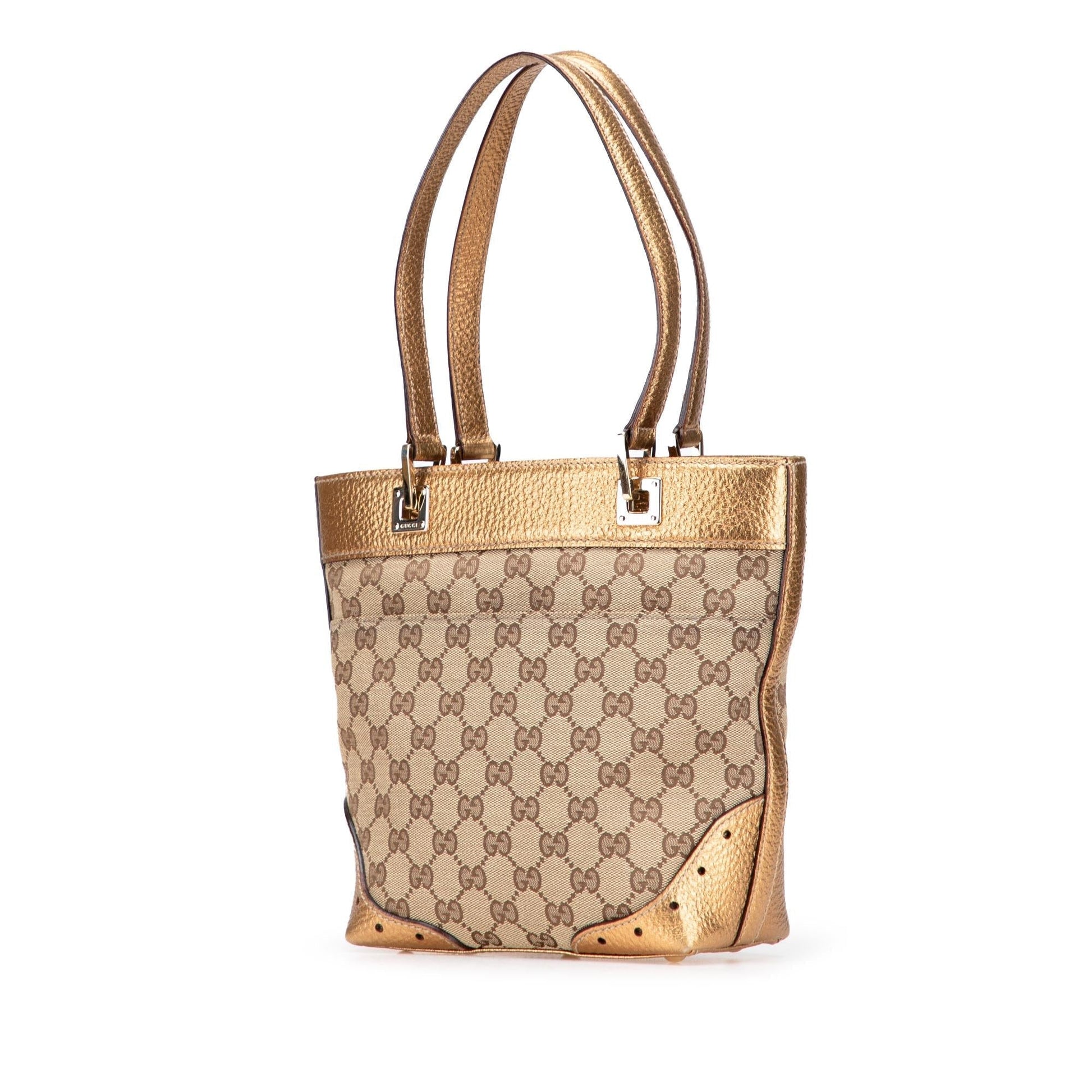Gucci GG Punch Canvas Calf Brown Gold Tote Bag Tote 1