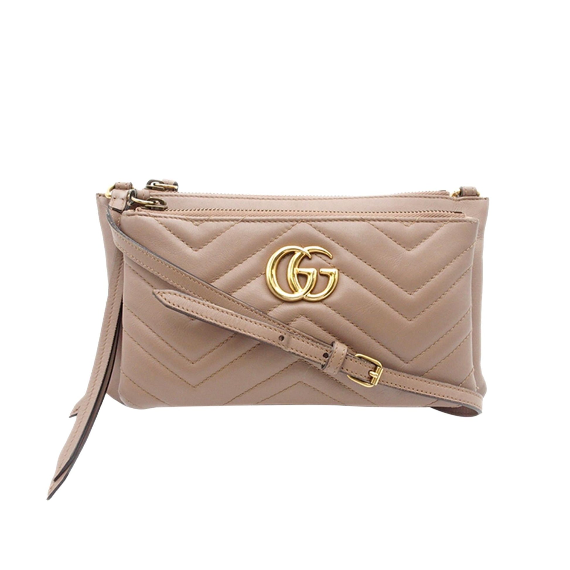 Gucci GG Marmont Double Zip Pochette Matelasse Calf Brown Small Crossbody Bag