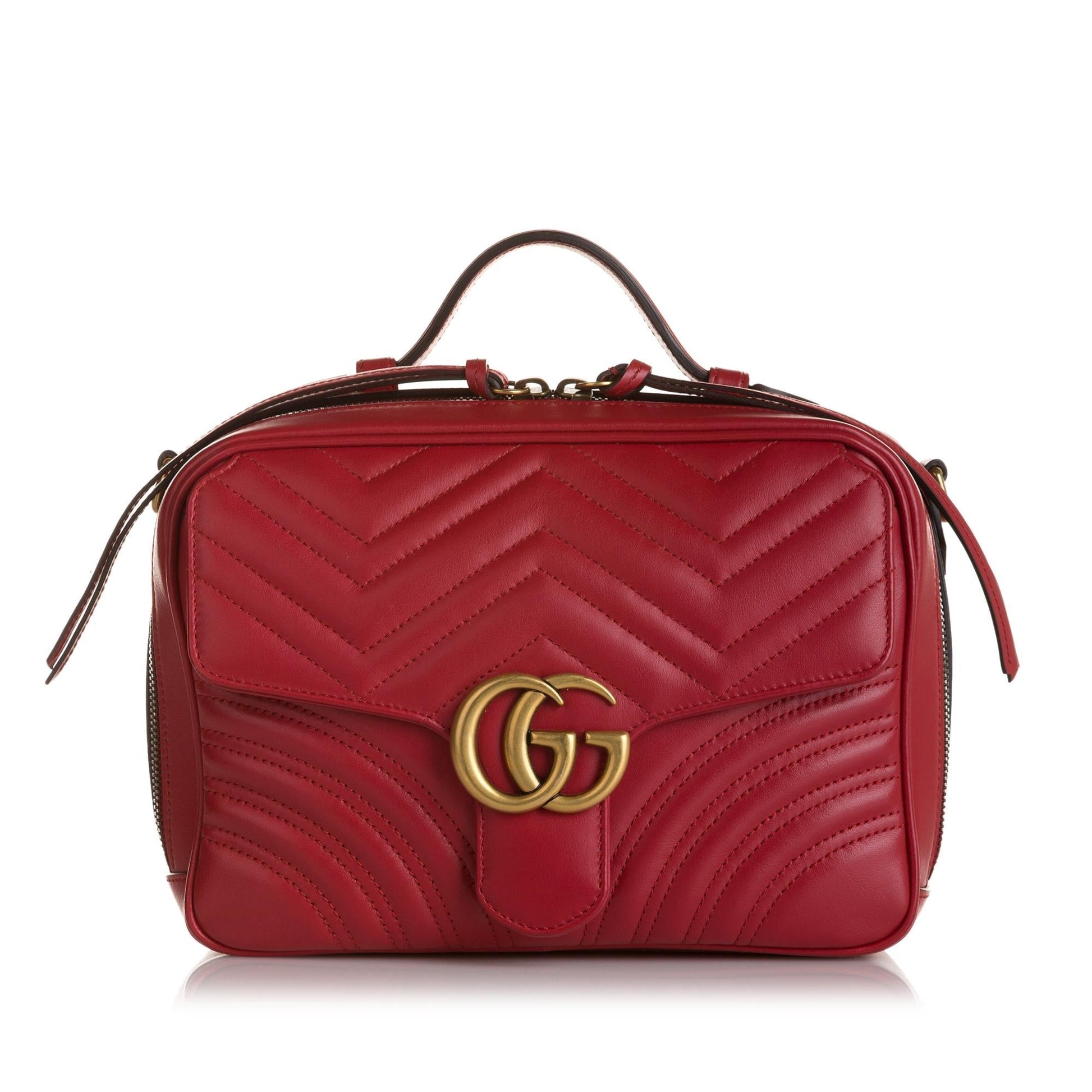 Gucci GG Marmont Top Handle SHG Matelasse Calf Red Small Satchel Bag