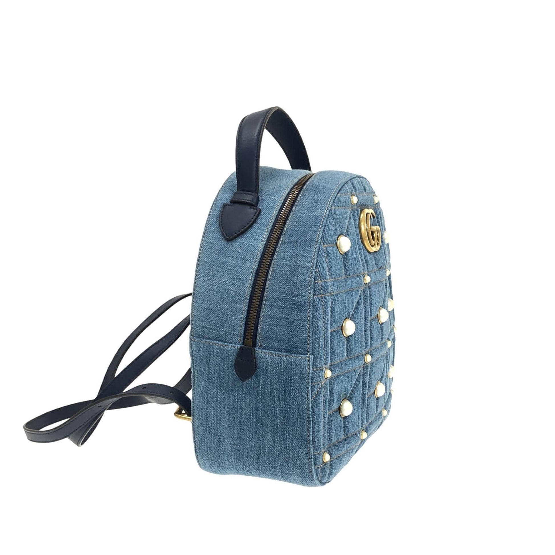 Gucci GG Marmont Pearl Backpack SHG-ANLR7W Denim Calf Blue Small