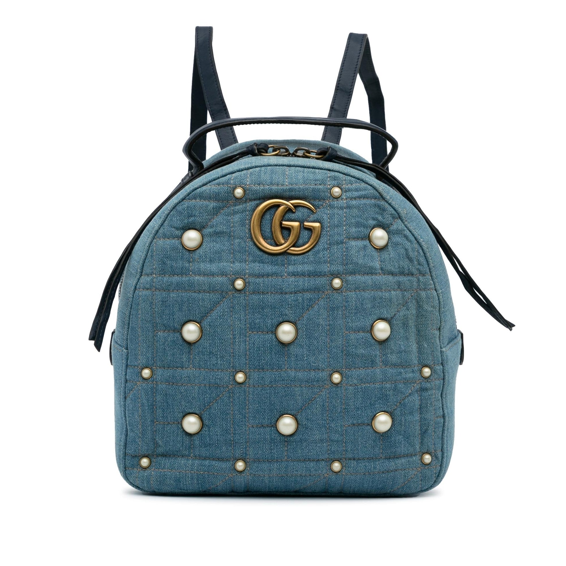 Gucci GG Marmont Pearl Backpack SHG-AWCod3 Denim Calf Black Blue