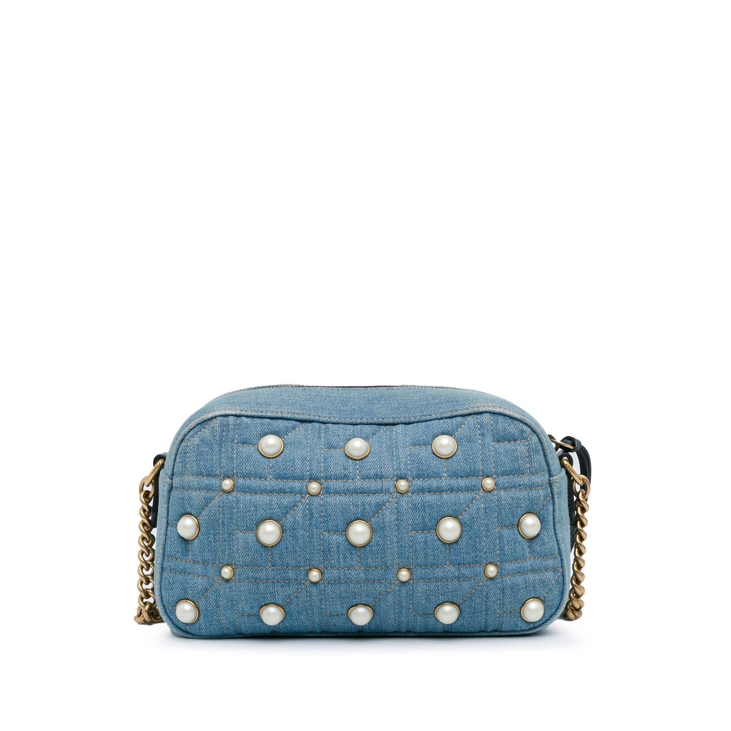 Gucci GG Marmont Pearl Studded SHG-phY0r4 Denim Blue Small Crossbody Bag