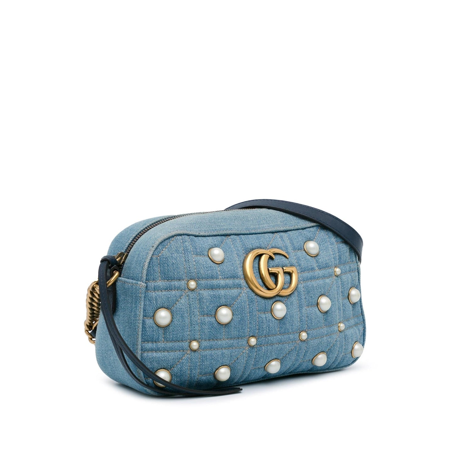 Gucci GG Marmont Pearl Studded SHG-phY0r4 Denim Blue Small Crossbody Bag