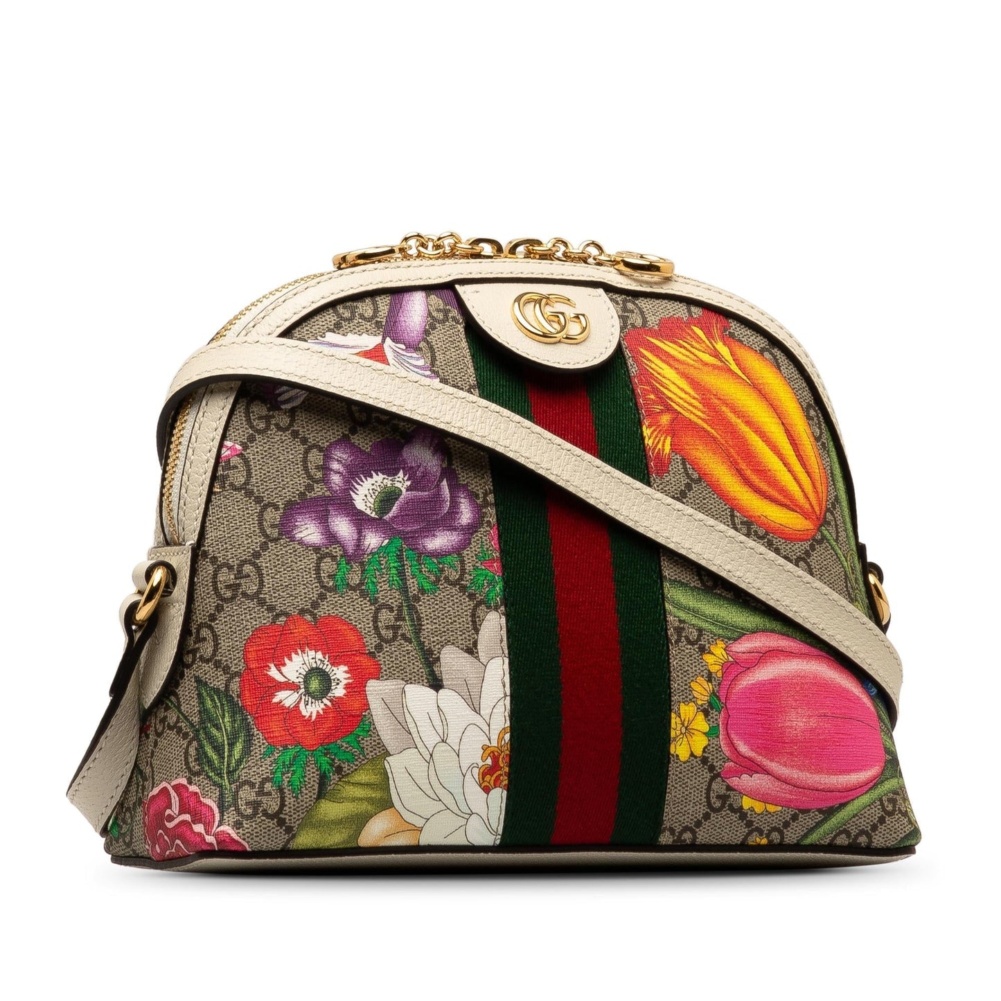 Gucci GG Supreme Flora Ophidia Dome Canvas Calf White Brown Crossbody Bag