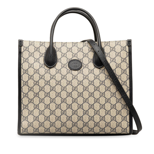Gucci GG Supreme Interlocking G Canvas Calf Black Brown Tote Bag G Tote