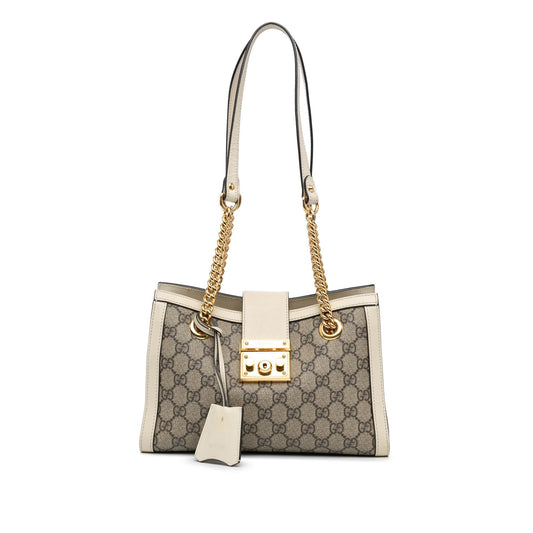 Gucci GG Supreme Padlock Canvas Calf White Brown Tote Bag