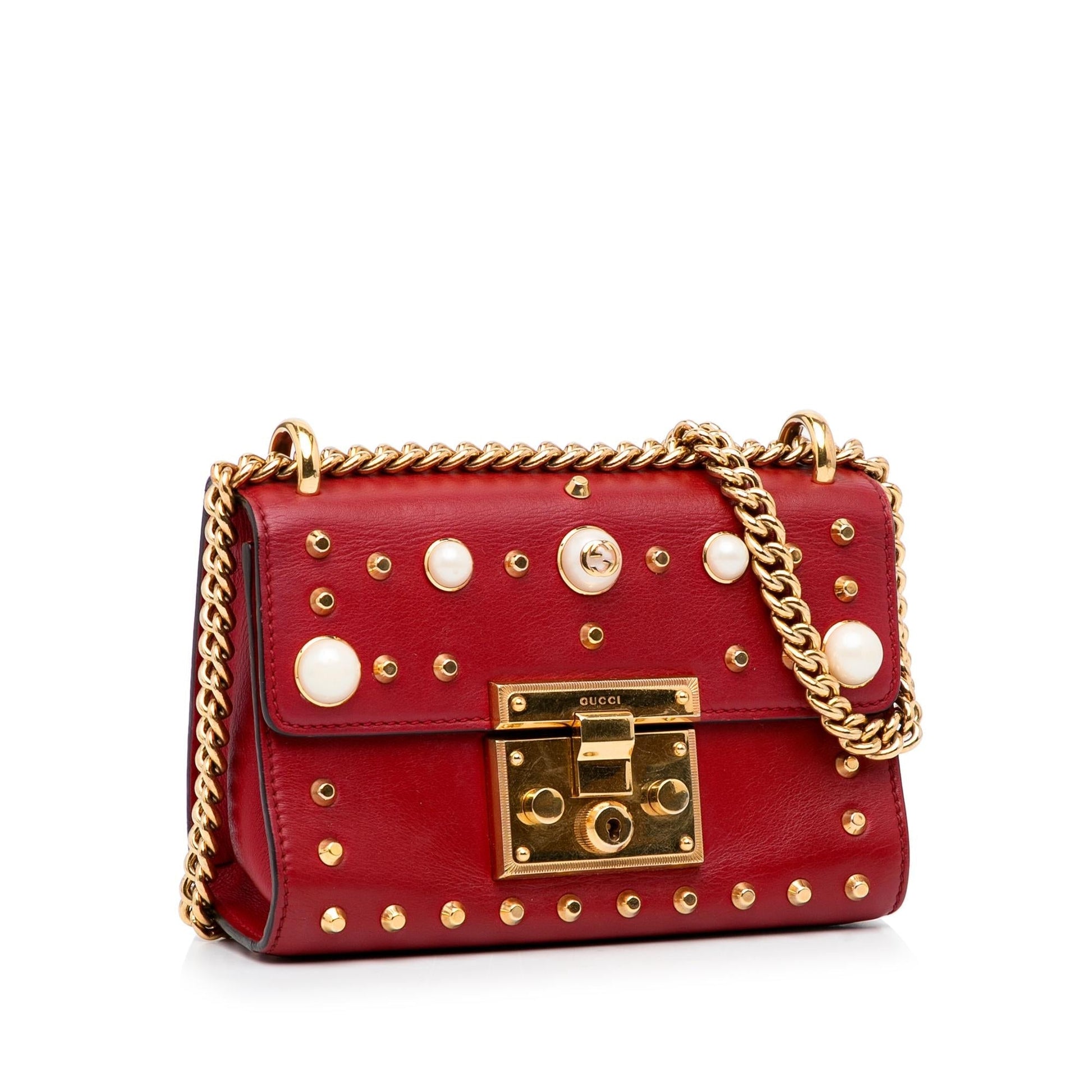 Gucci Pearl Studded Padlock SHG-lpKTdk Leather Calf Red Small Crossbody Bag