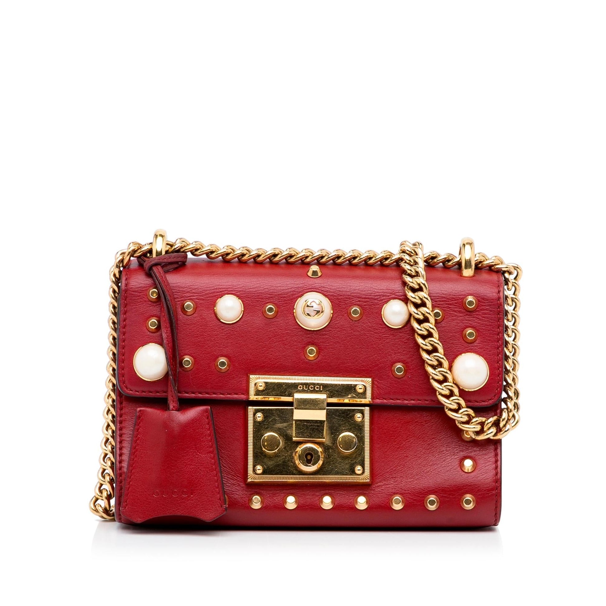 Gucci Pearl Studded Padlock SHG-1zn6yH Leather Calf Red Small Crossbody Bag