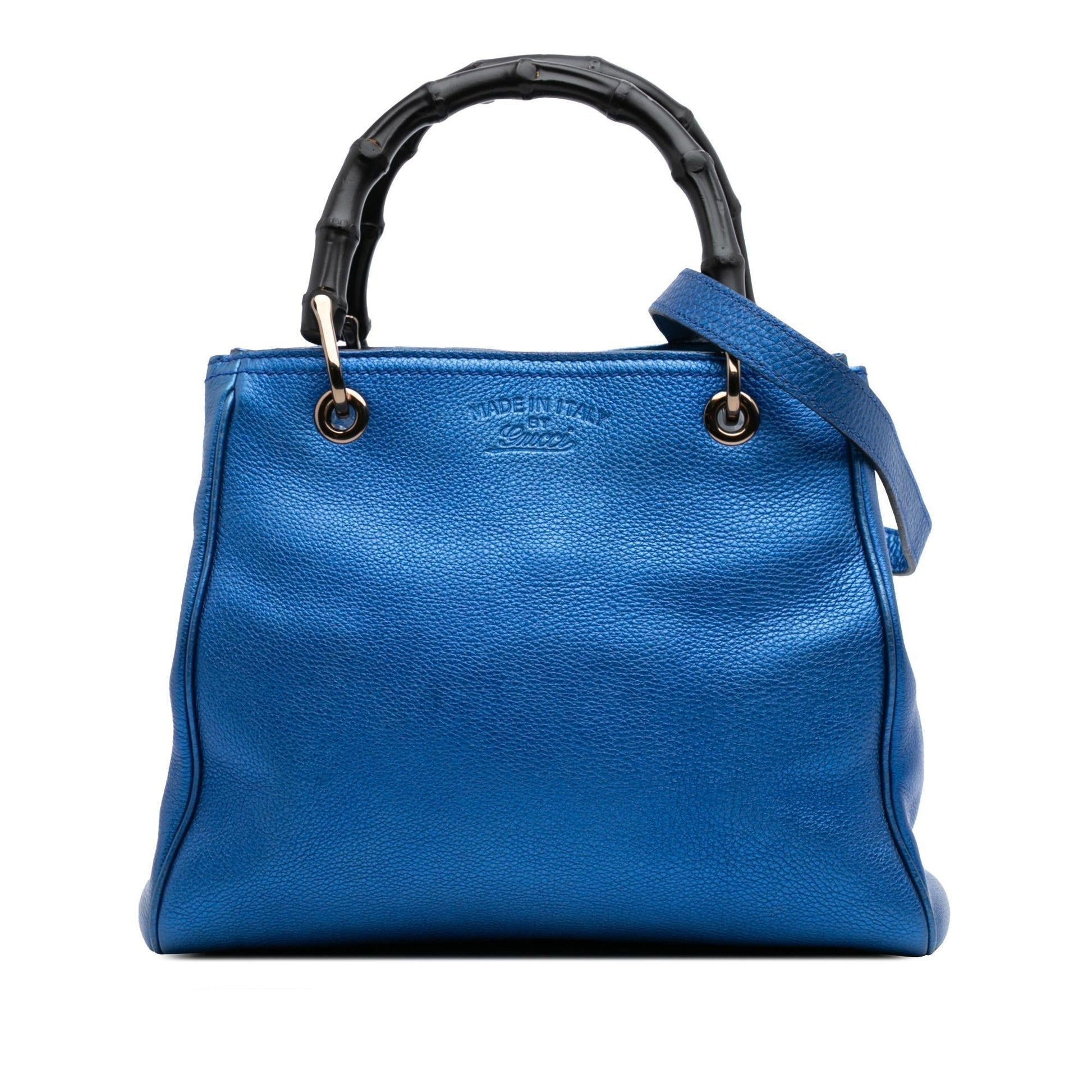 Gucci Metallic Bamboo Shopper Calf Calfskin Blue Small Satchel Bag