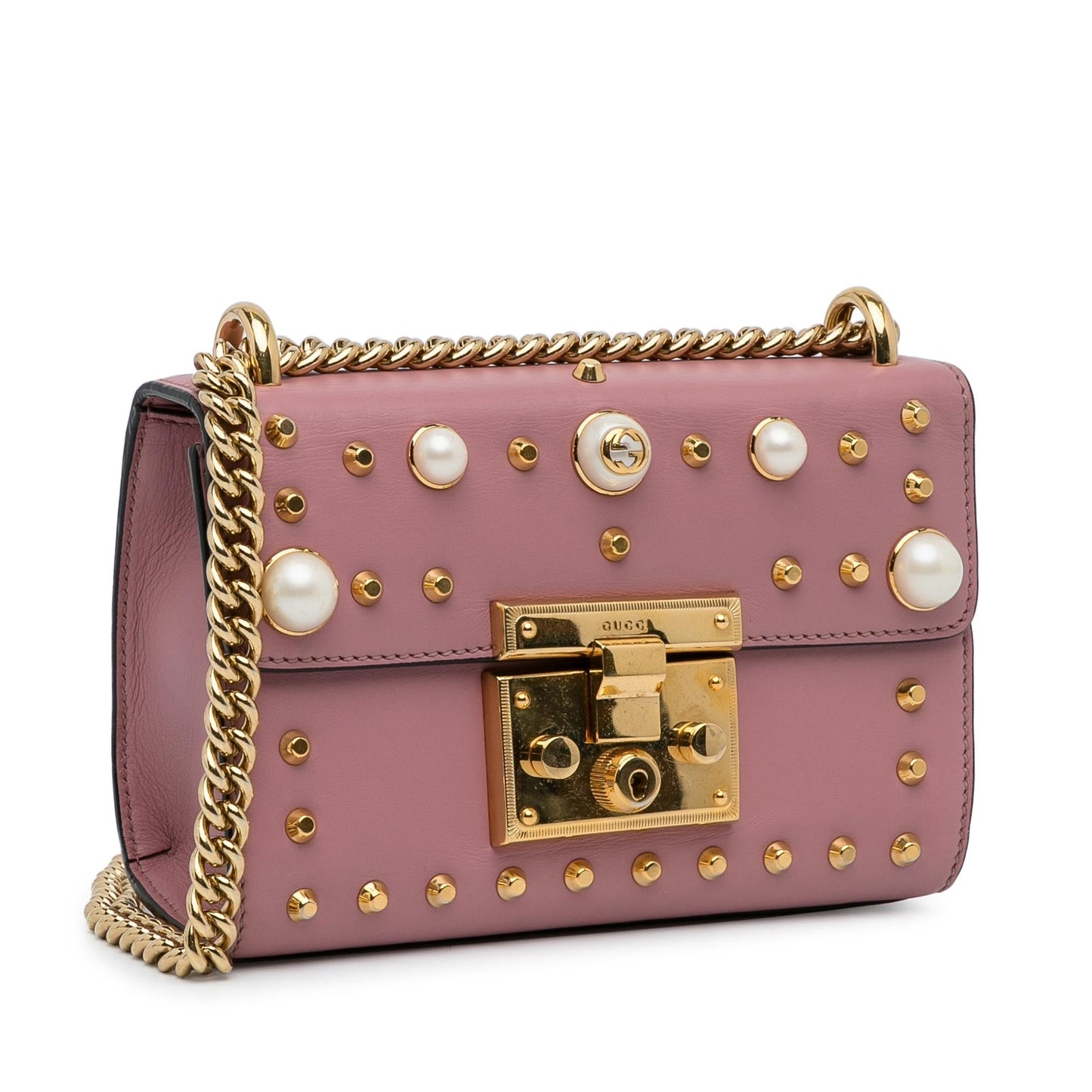 Gucci Pearl Studded Padlock SHG-9EXoma Calf Pink Small Crossbody Bag