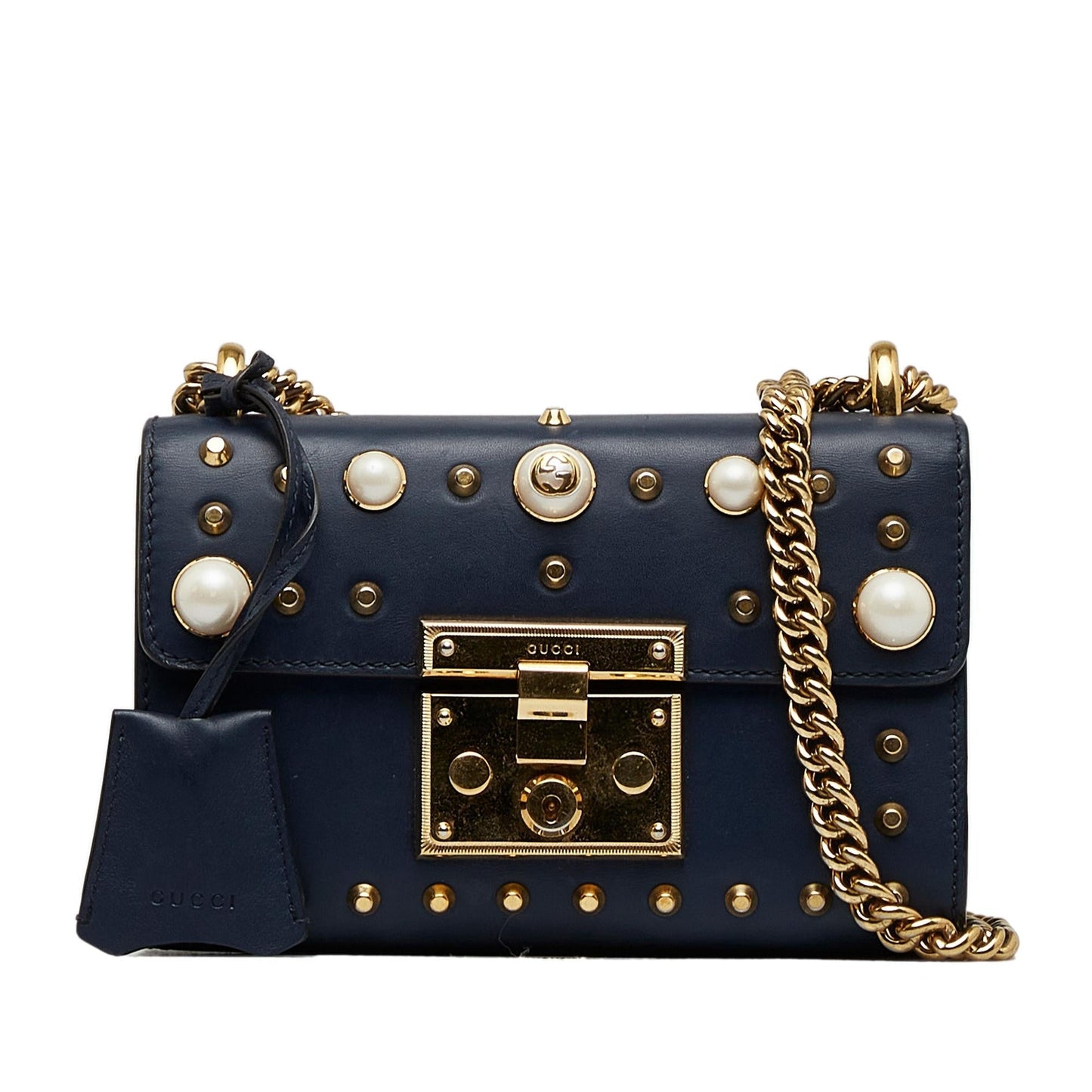 Gucci Pearl Studded Padlock SHG-ZuRWNW Calf Blue Small Crossbody Bag