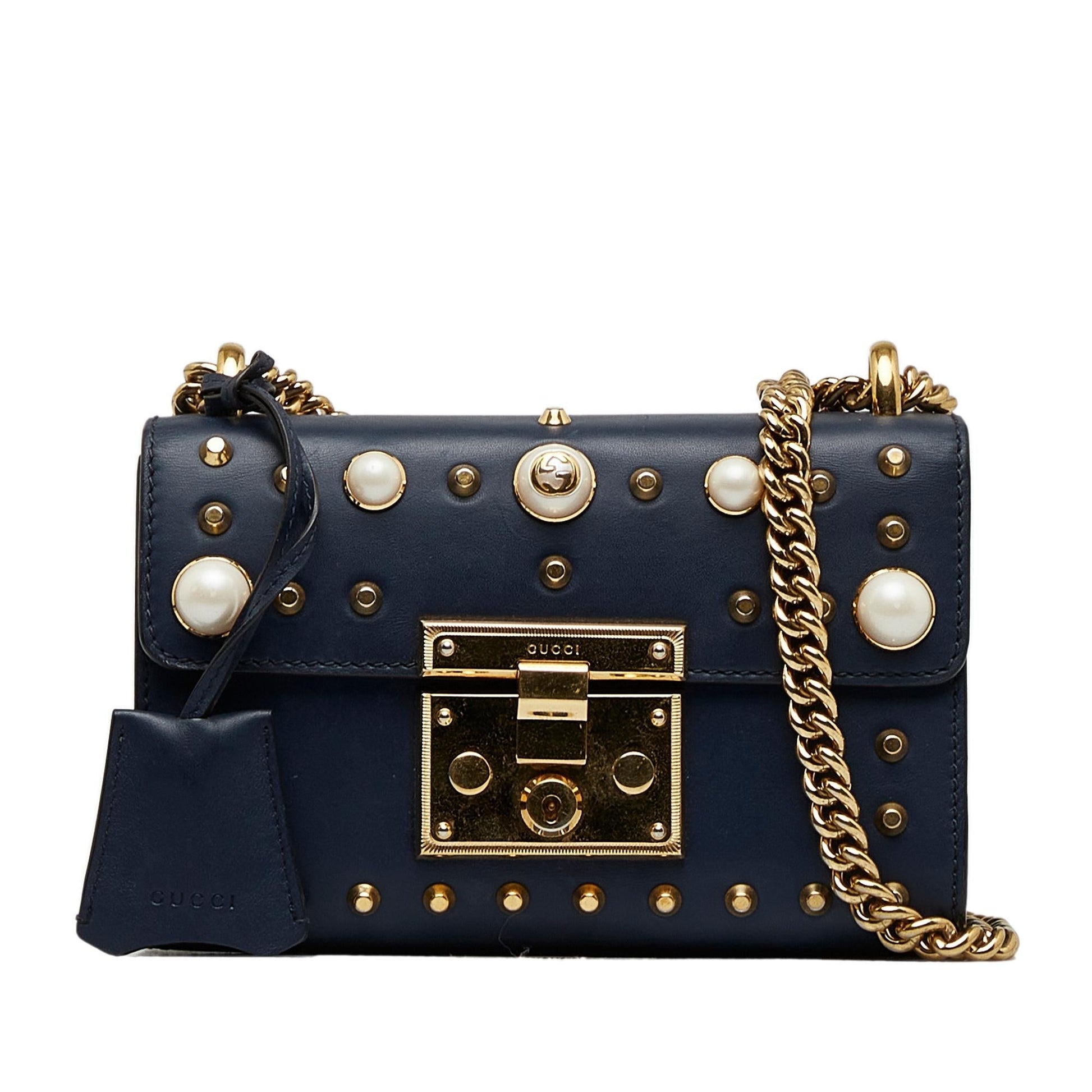 Gucci Pearl Studded Padlock SHG-ZuRWNW Calf Blue Small Crossbody Bag