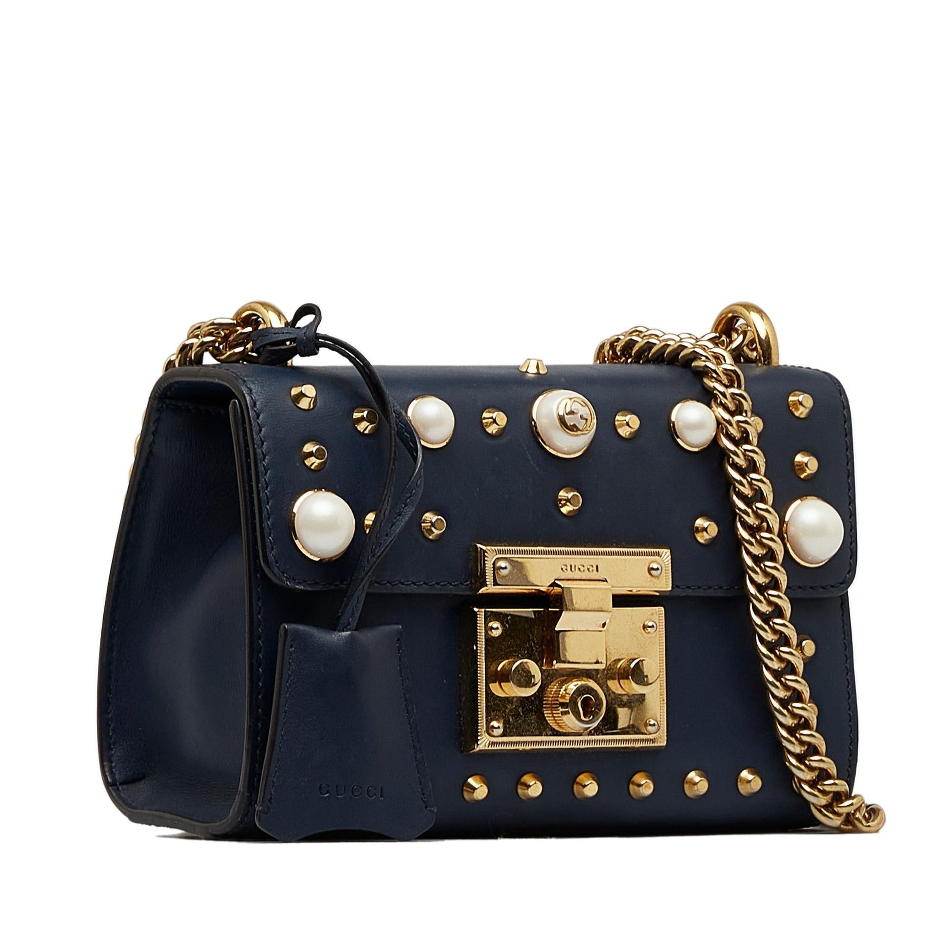 Gucci Pearl Studded Padlock SHG-ZuRWNW Calf Blue Small Crossbody Bag