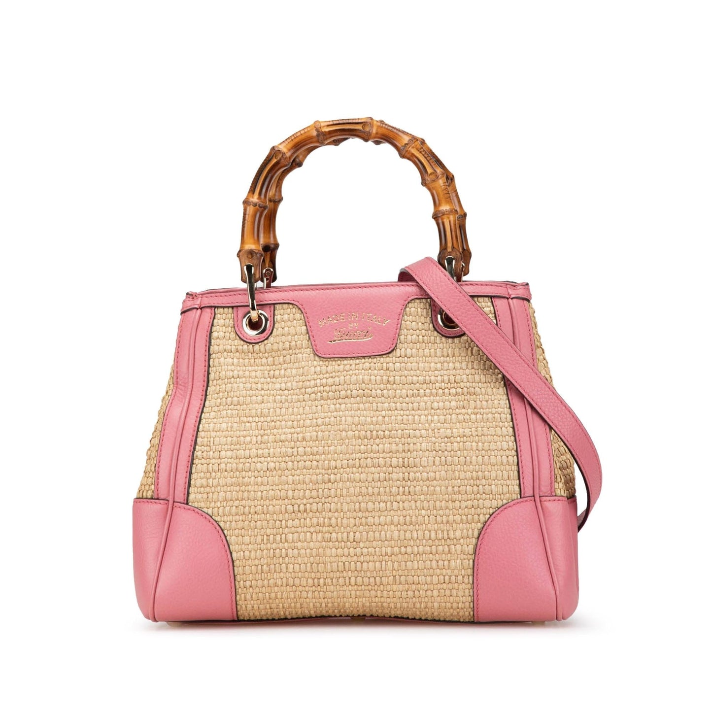 Gucci Bamboo Shopper Raffia Calf Brown Pink Satchel Bag