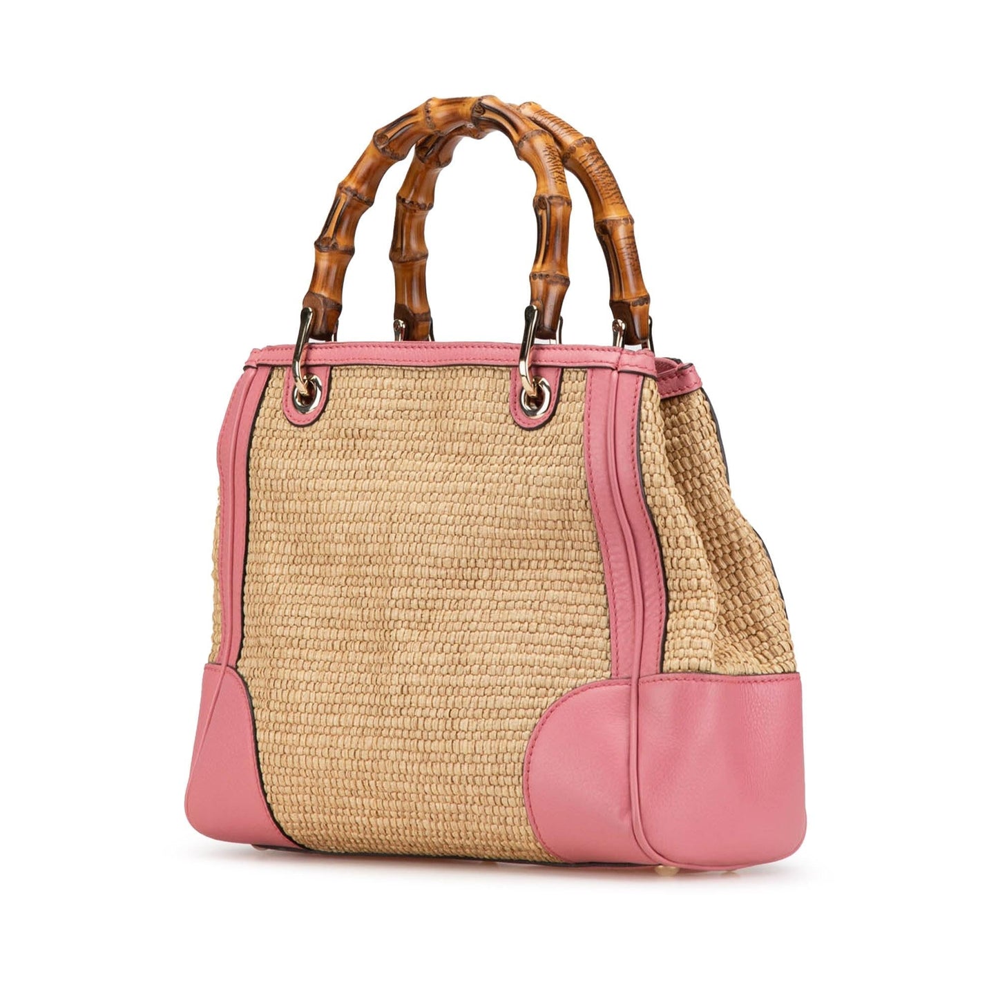 Gucci Bamboo Shopper Raffia Calf Brown Pink Satchel Bag