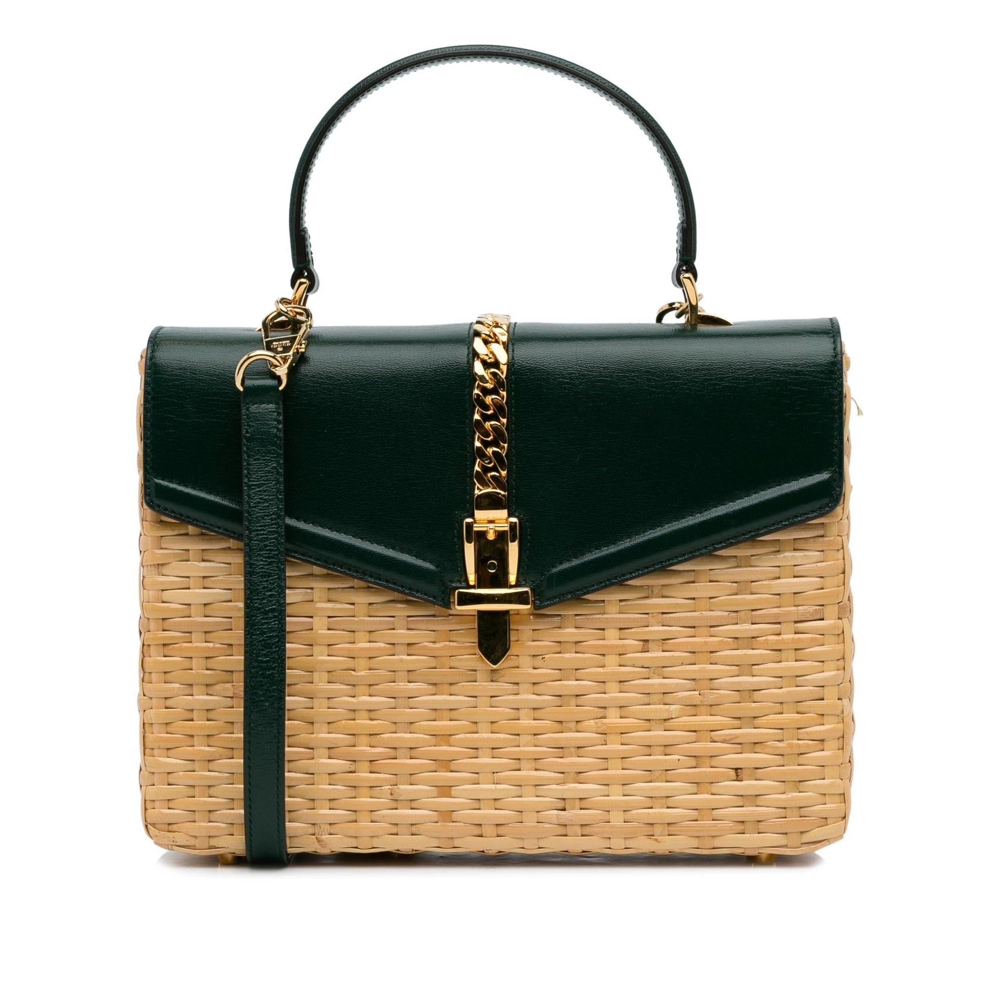 Gucci Sylvie Wicker SHG-Wpjdzr Calf Brown Green Small Satchel Bag