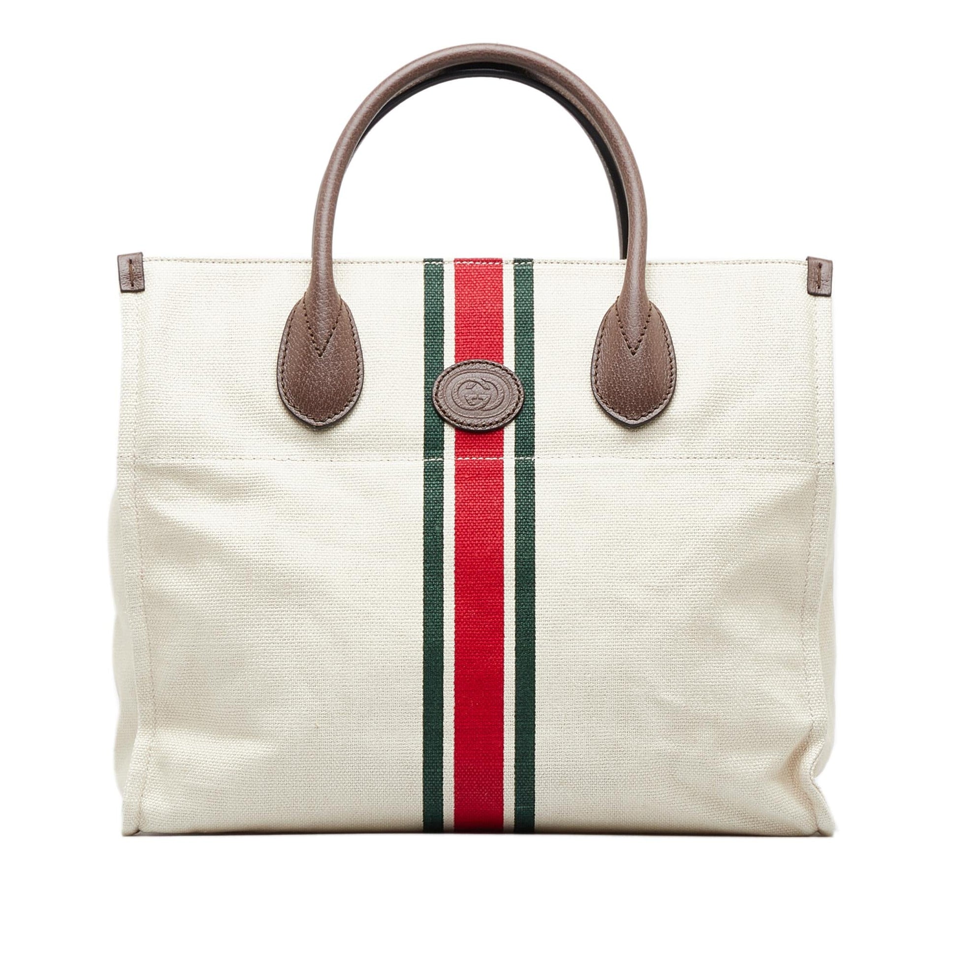 Gucci Web Foldable Canvas Calf White Small Tote Bag