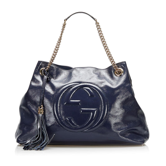 Gucci Soho SHG Leather Patent Blue Chain Tote Bag