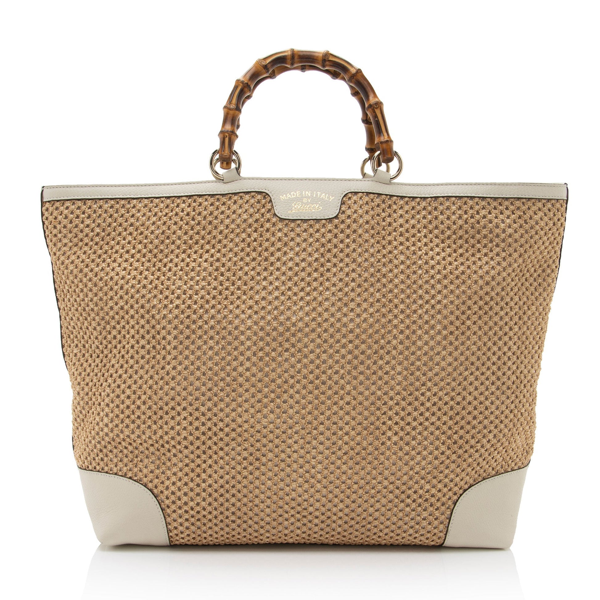 Gucci Straw Bamboo SHF-8UehuG Leather White Beige Top Handle Satchel Bag