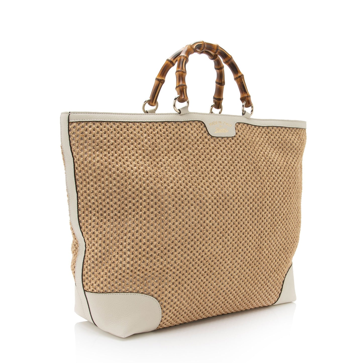Gucci Straw Bamboo SHF-8UehuG Leather White Beige Top Handle Satchel Bag