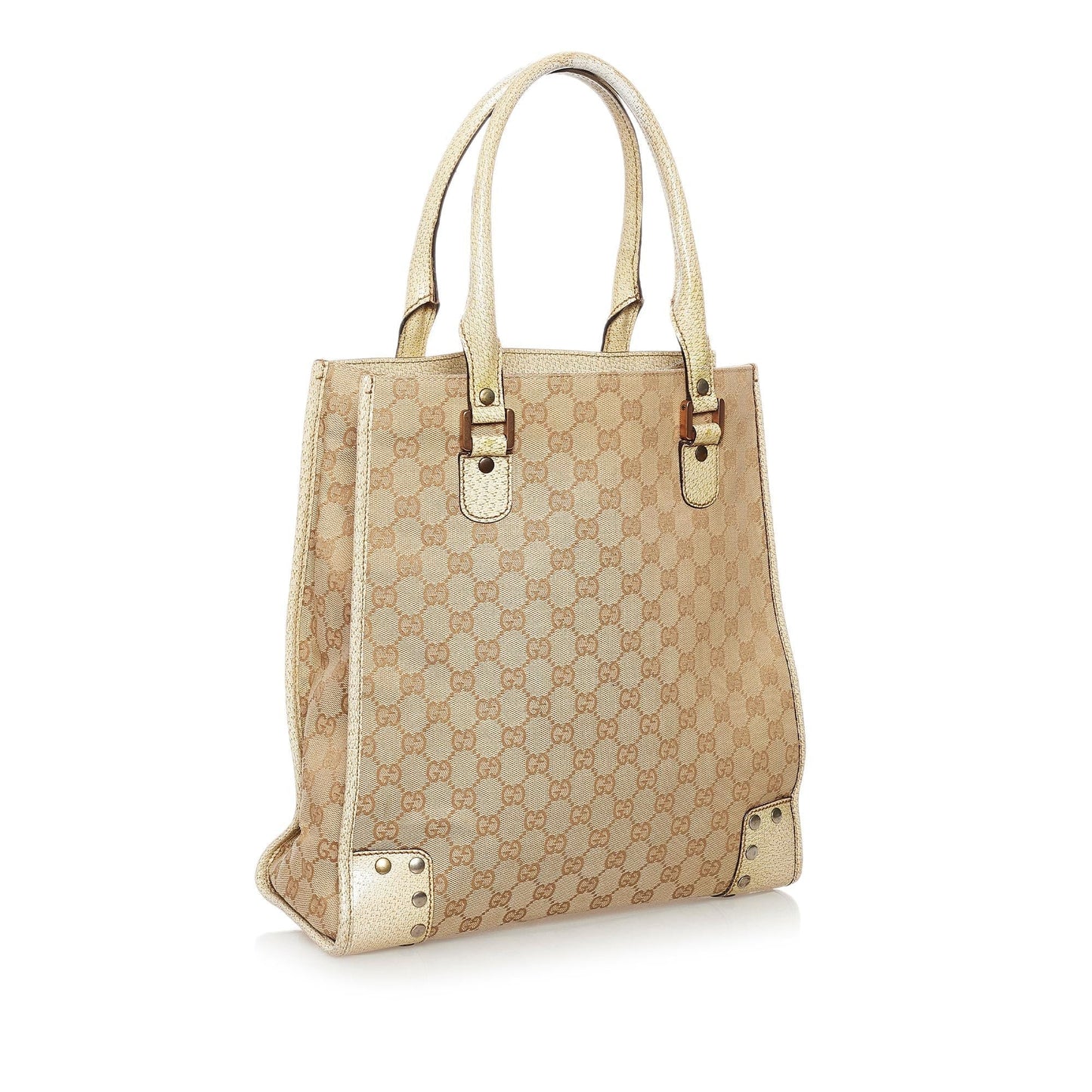 Gucci Studded GG SHG Canvas White Brown Tote Bag