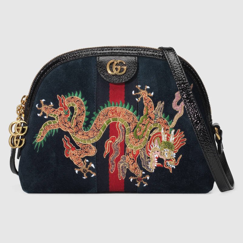 Gucci Dragon Embroidered Ophidia Dome Suede Small Travel Bag